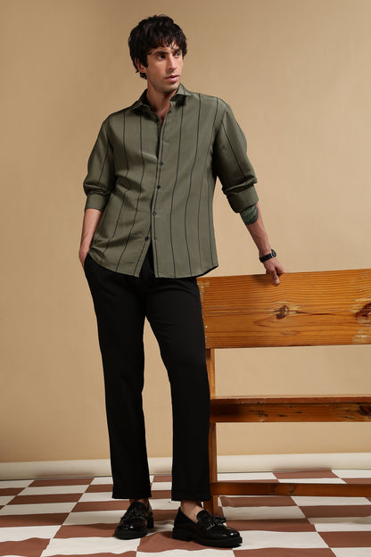 Nylon Slim Fit Striped Shirt Green