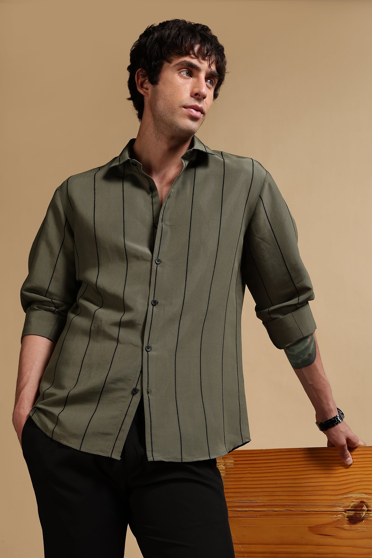 Nylon Slim Fit Striped Shirt Green