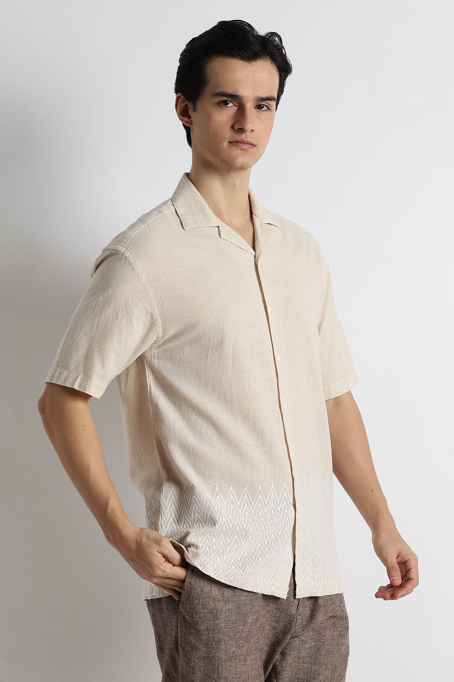 Casual Cotton Cuban Collar Shirt Cream
