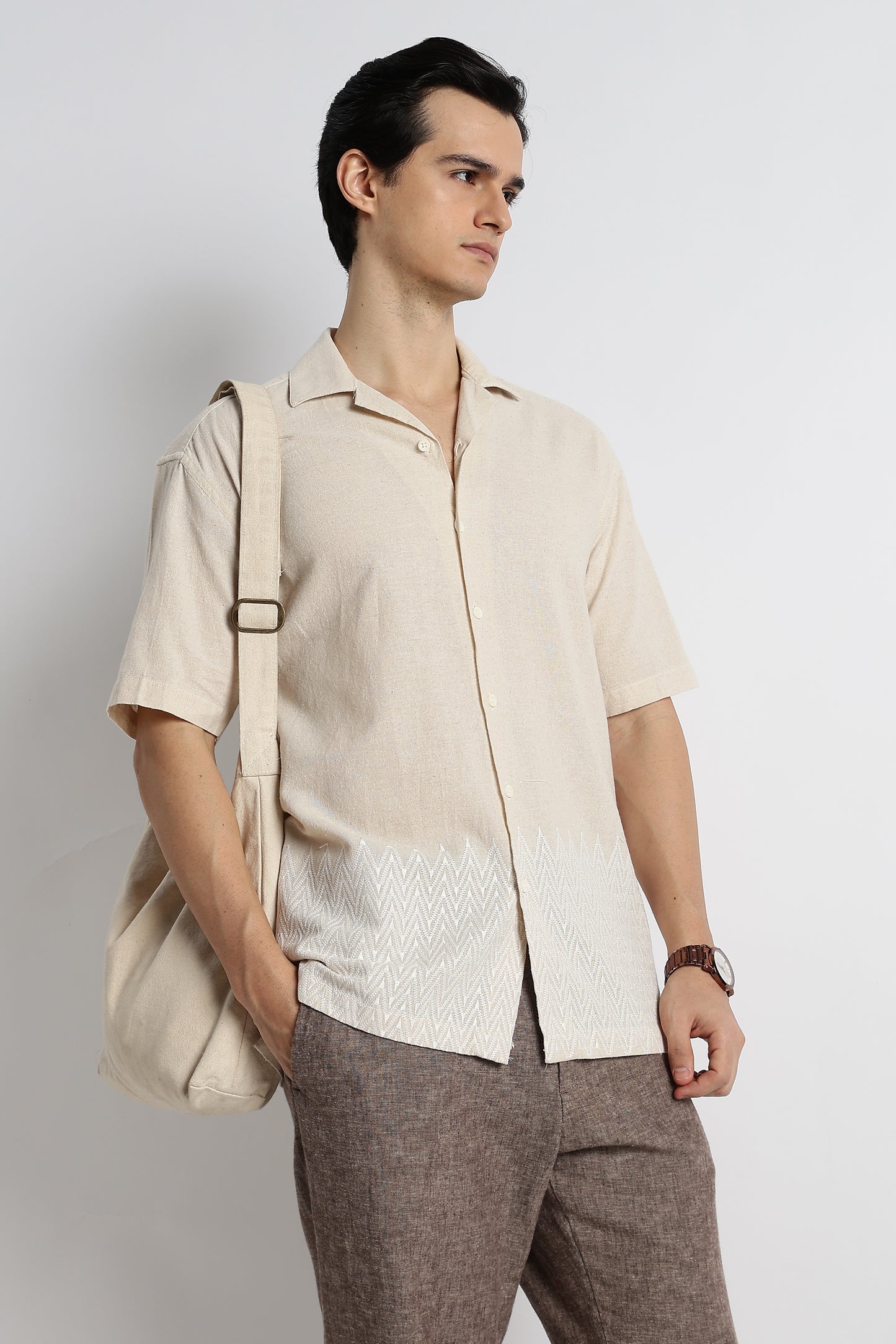 Casual Cotton Cuban Collar Shirt Cream
