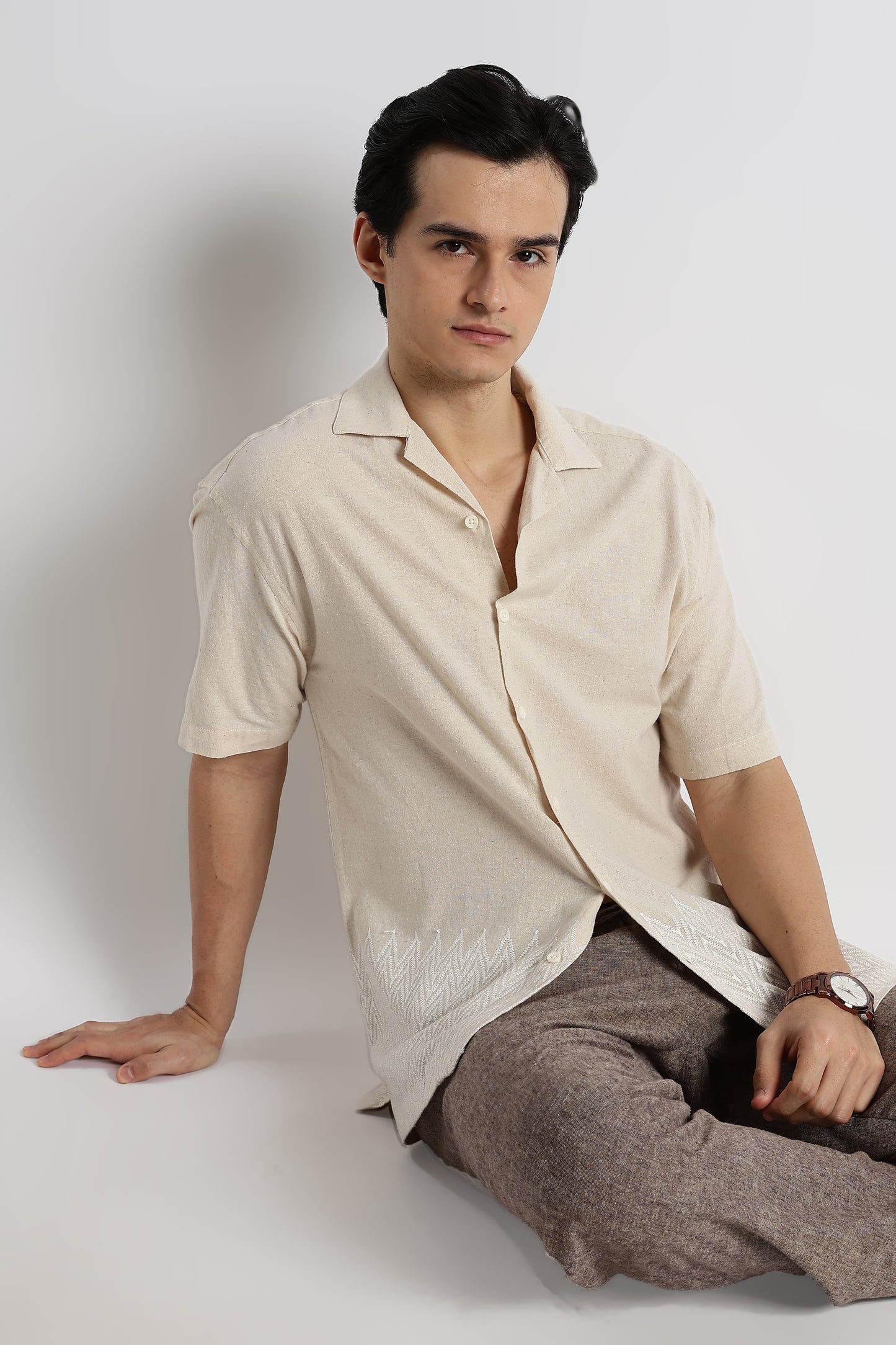 Casual Cotton Cuban Collar Shirt Cream