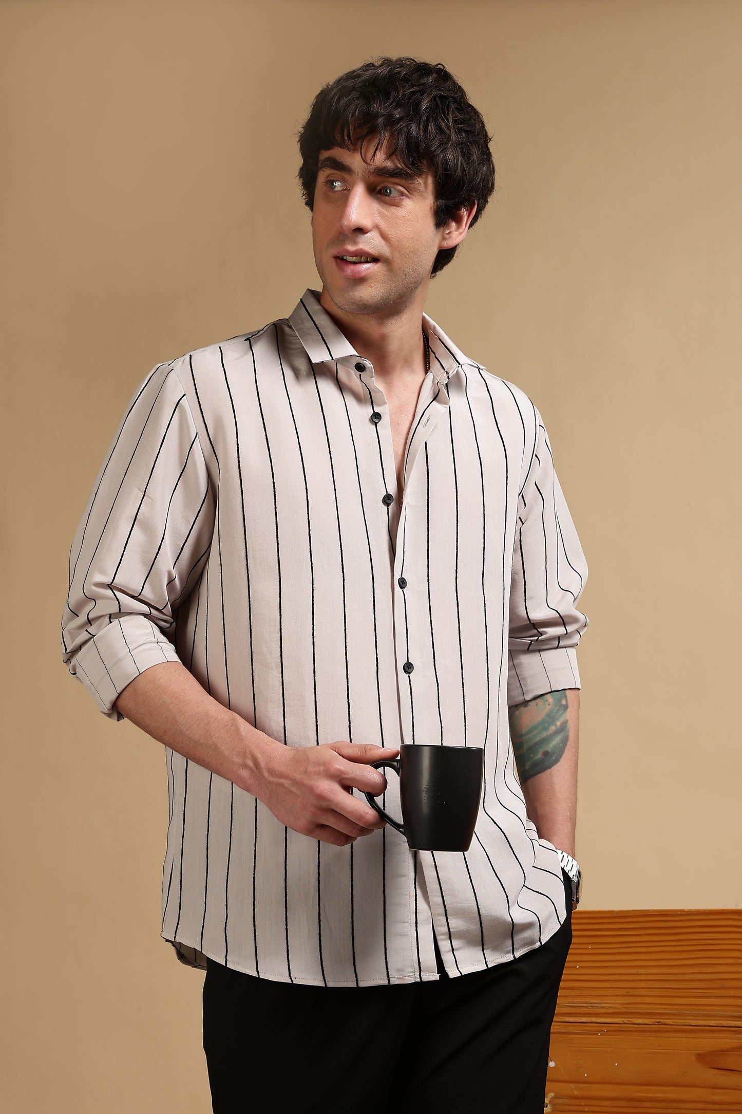 Nylon Slim Fit Striped Shirt Grey