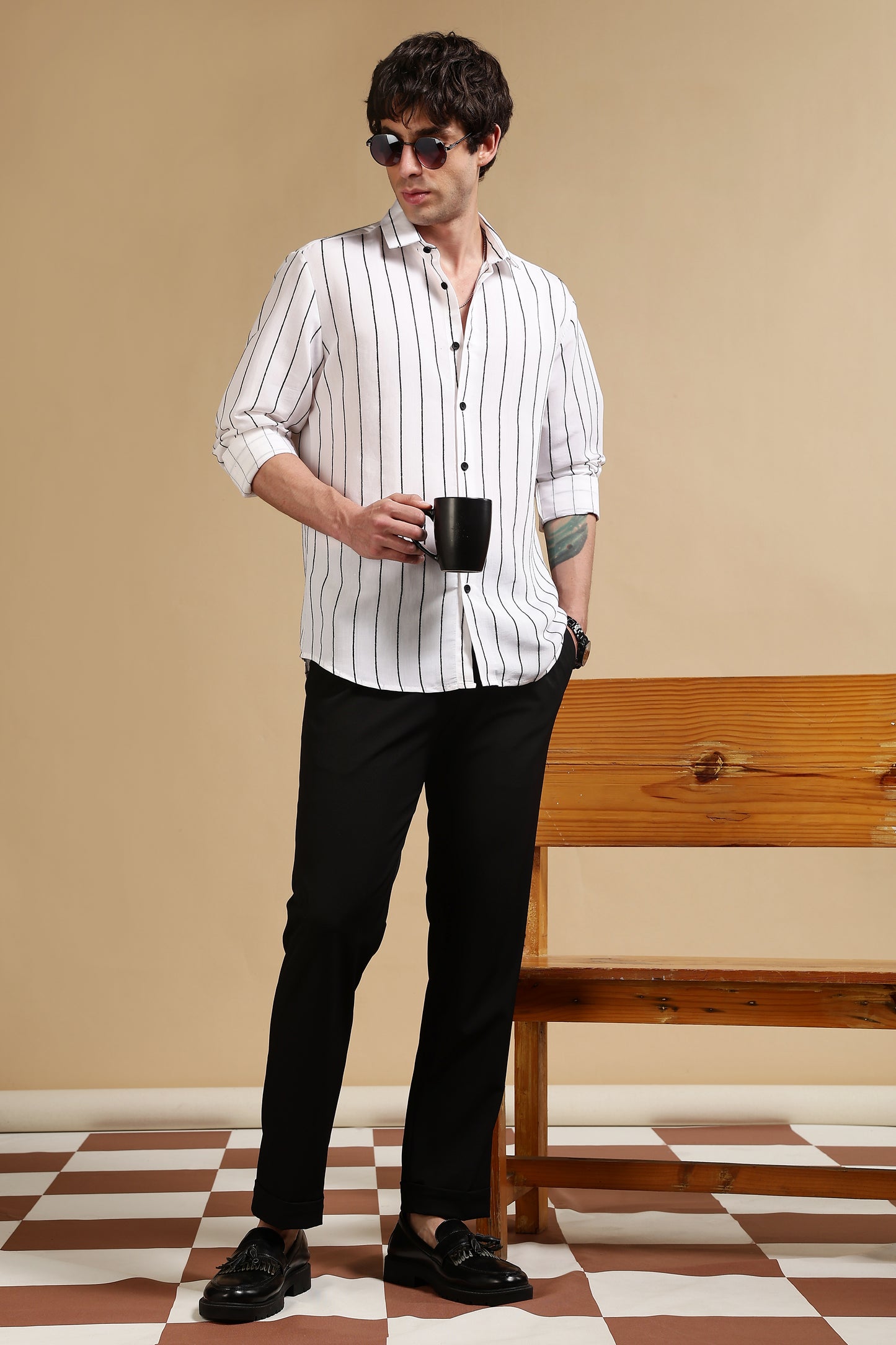 Nylon Slim Fit Striped Shirt White