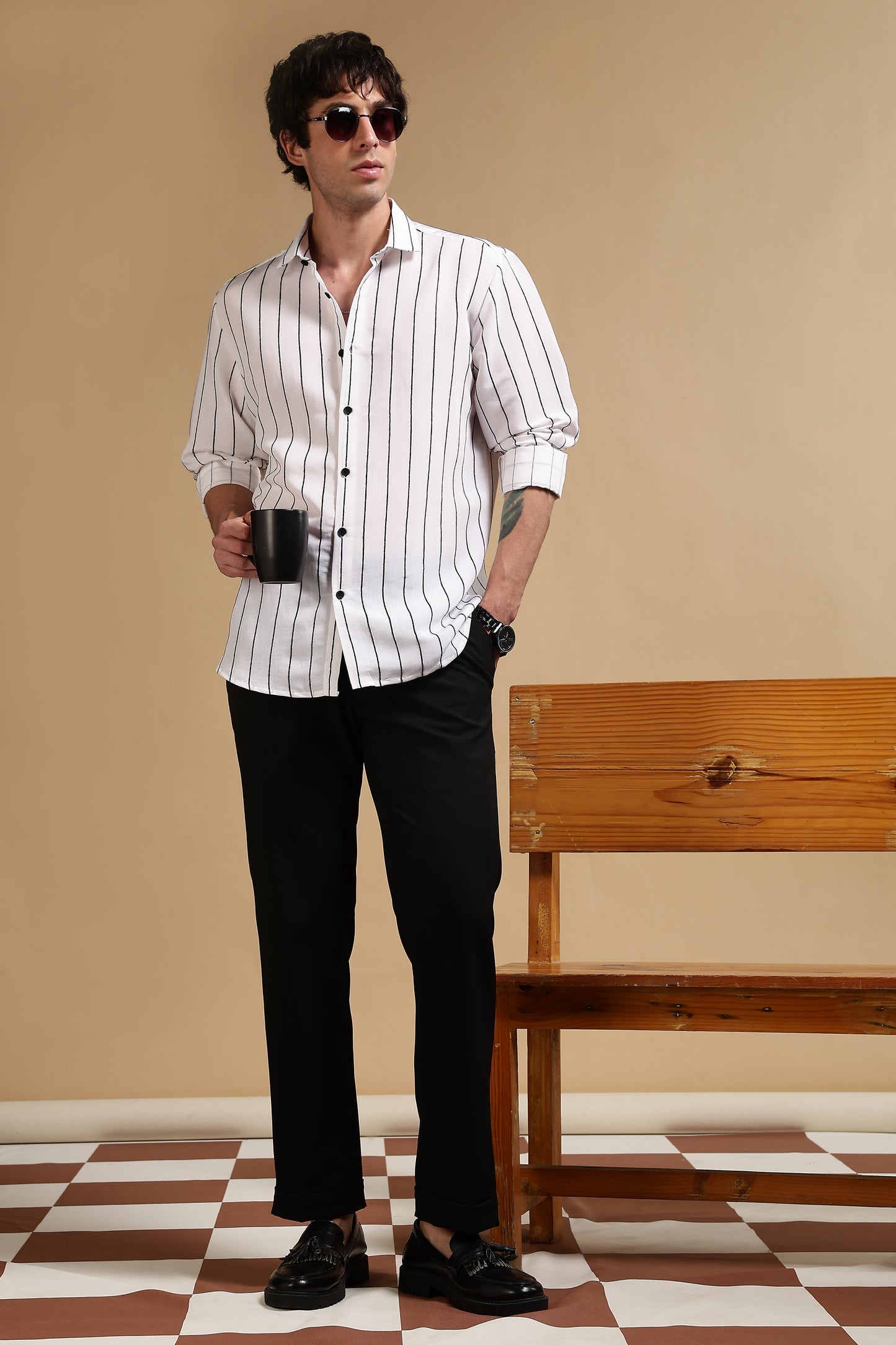 Nylon Slim Fit Striped Shirt White
