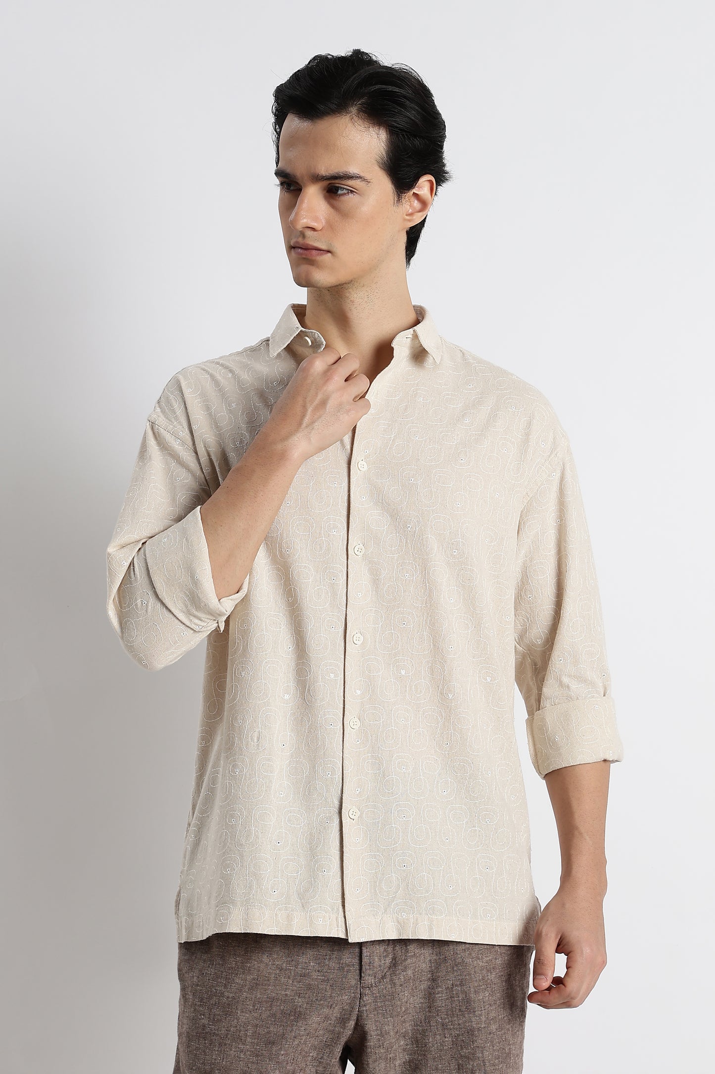 Natural Embroidered Cotton Shirt Cream
