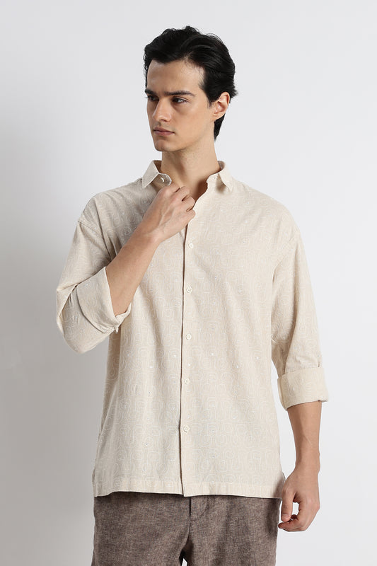 Natural Embroidered Cotton Shirt Cream