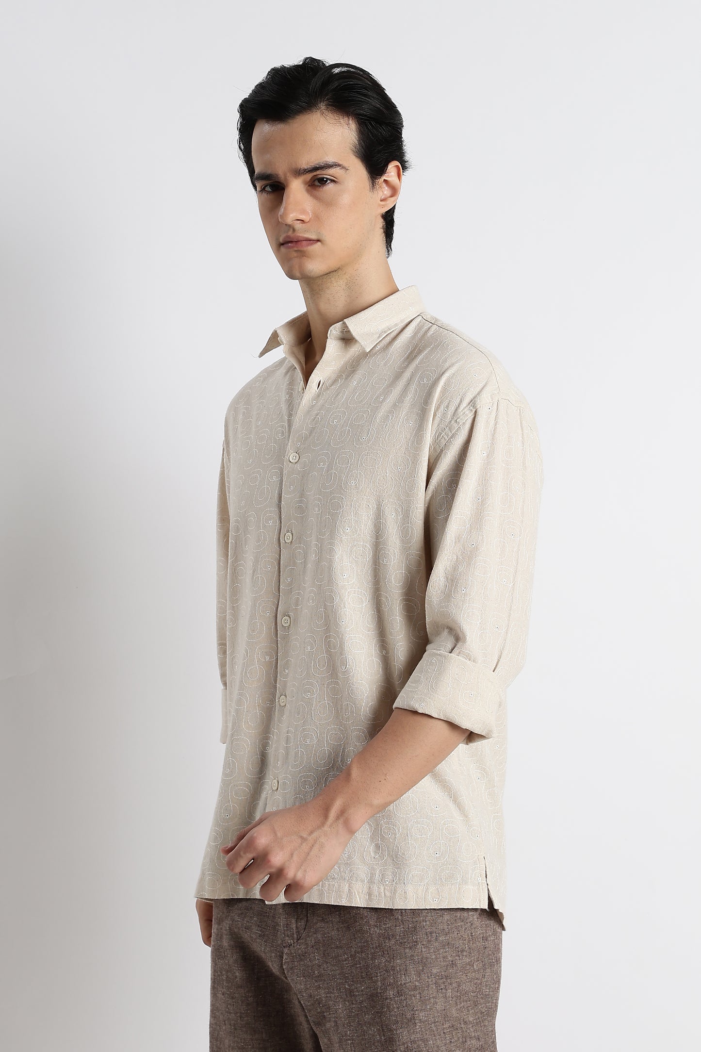 Natural Embroidered Cotton Shirt Cream