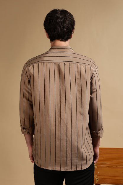 Nylon Slim Fit Striped Shirt Khaki