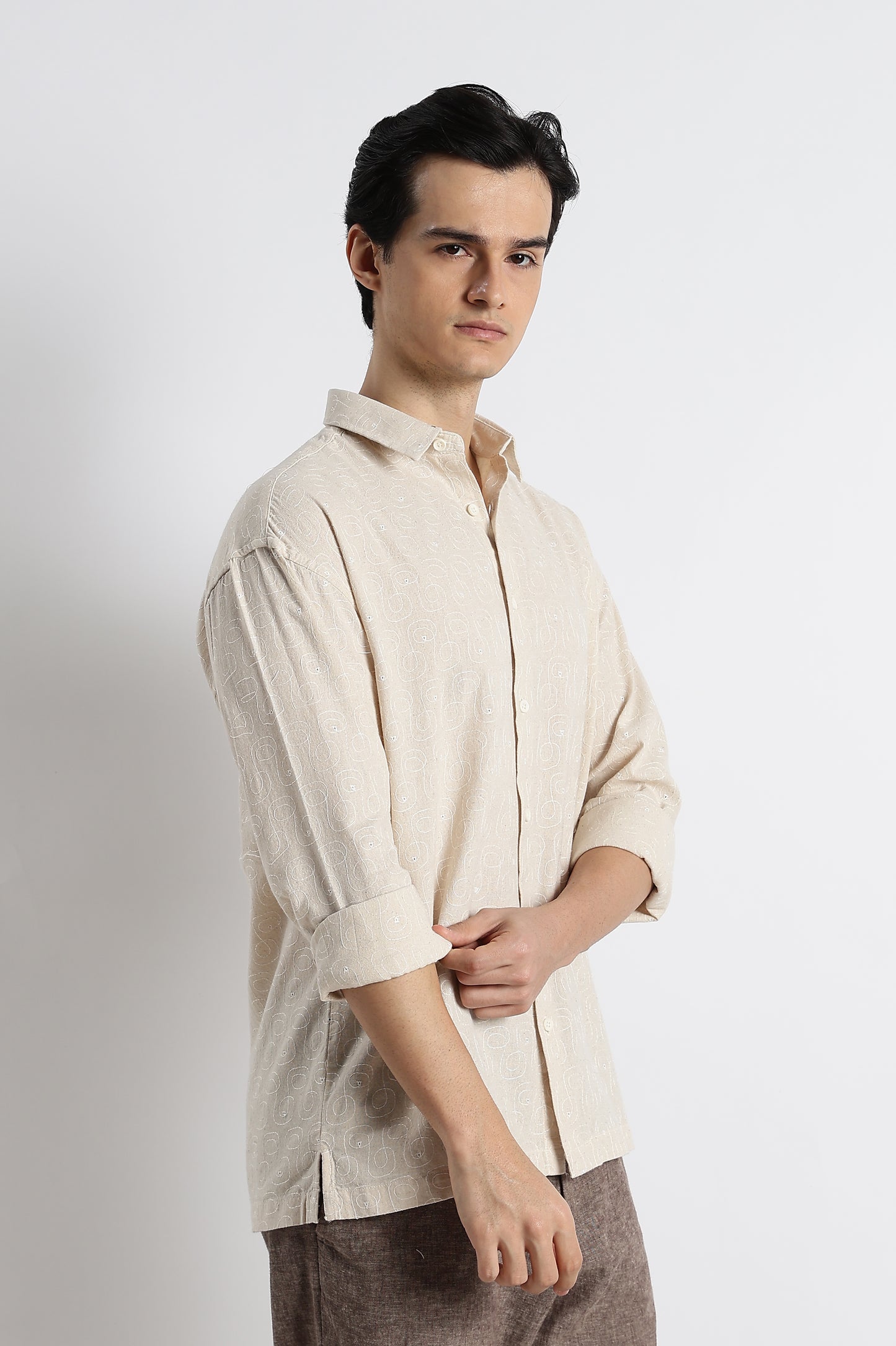Natural Embroidered Cotton Shirt Cream