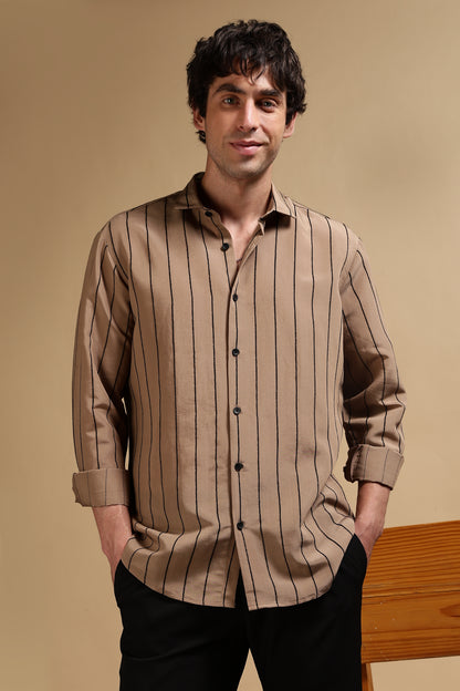 Nylon Slim Fit Striped Shirt Khaki