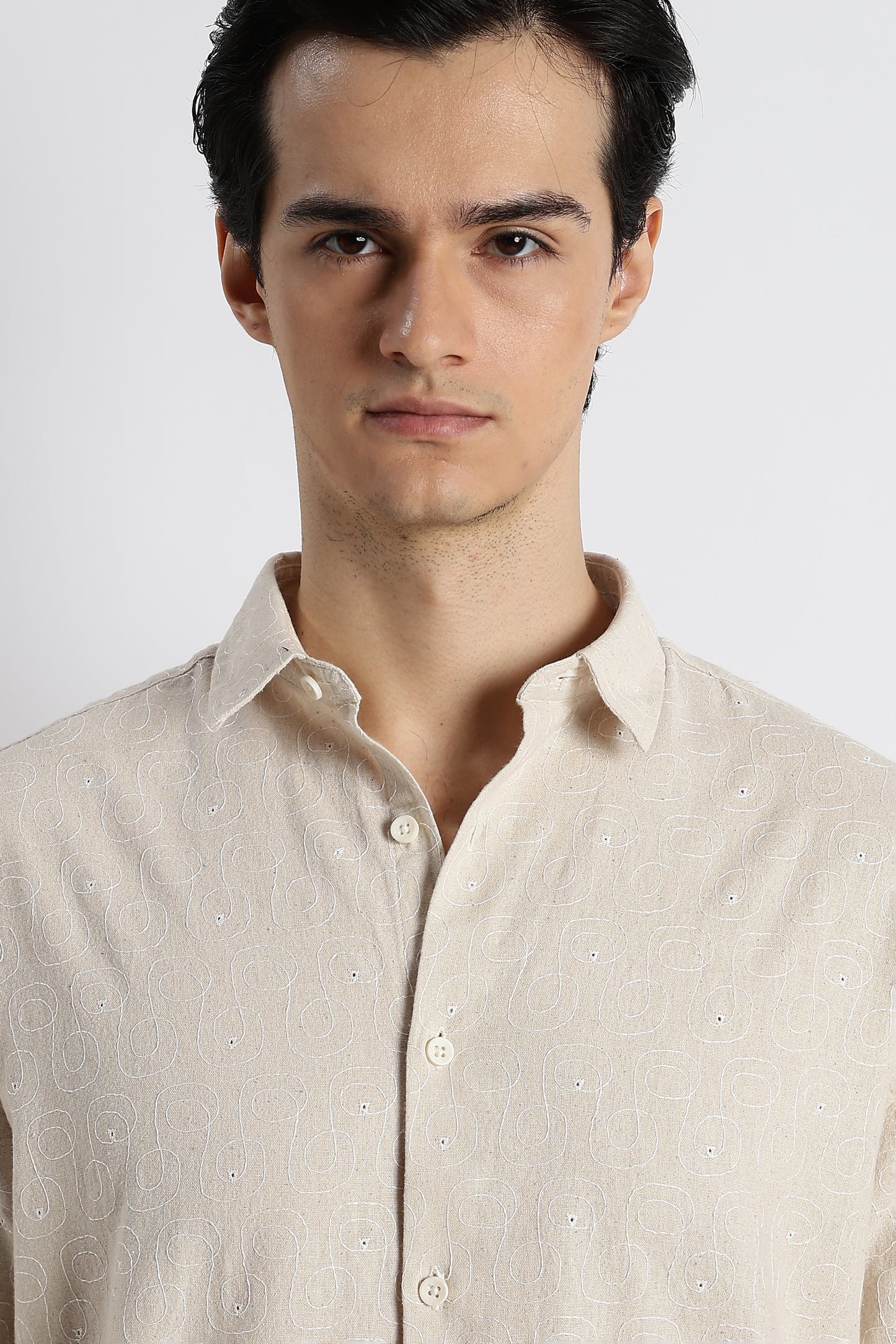 Natural Embroidered Cotton Shirt Cream