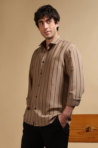 Nylon Slim Fit Striped Shirt Khaki