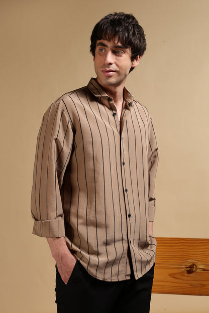 Nylon Slim Fit Striped Shirt Khaki