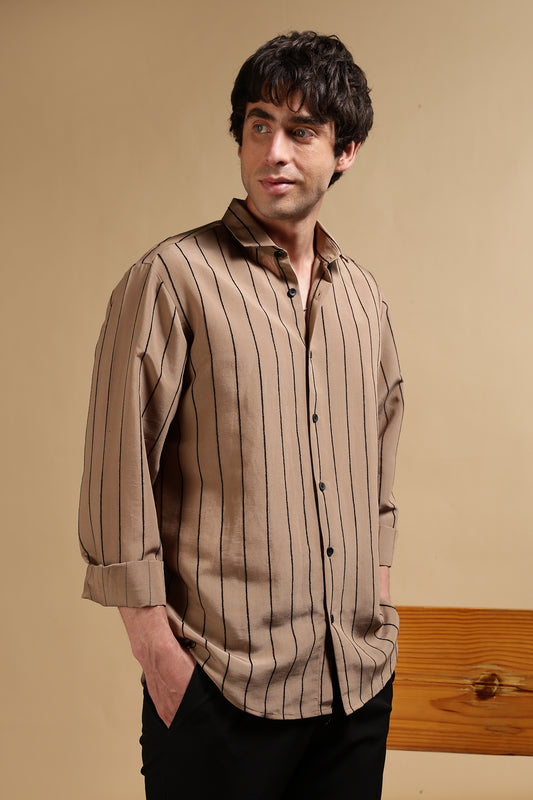 Nylon Slim Fit Striped Shirt Khaki