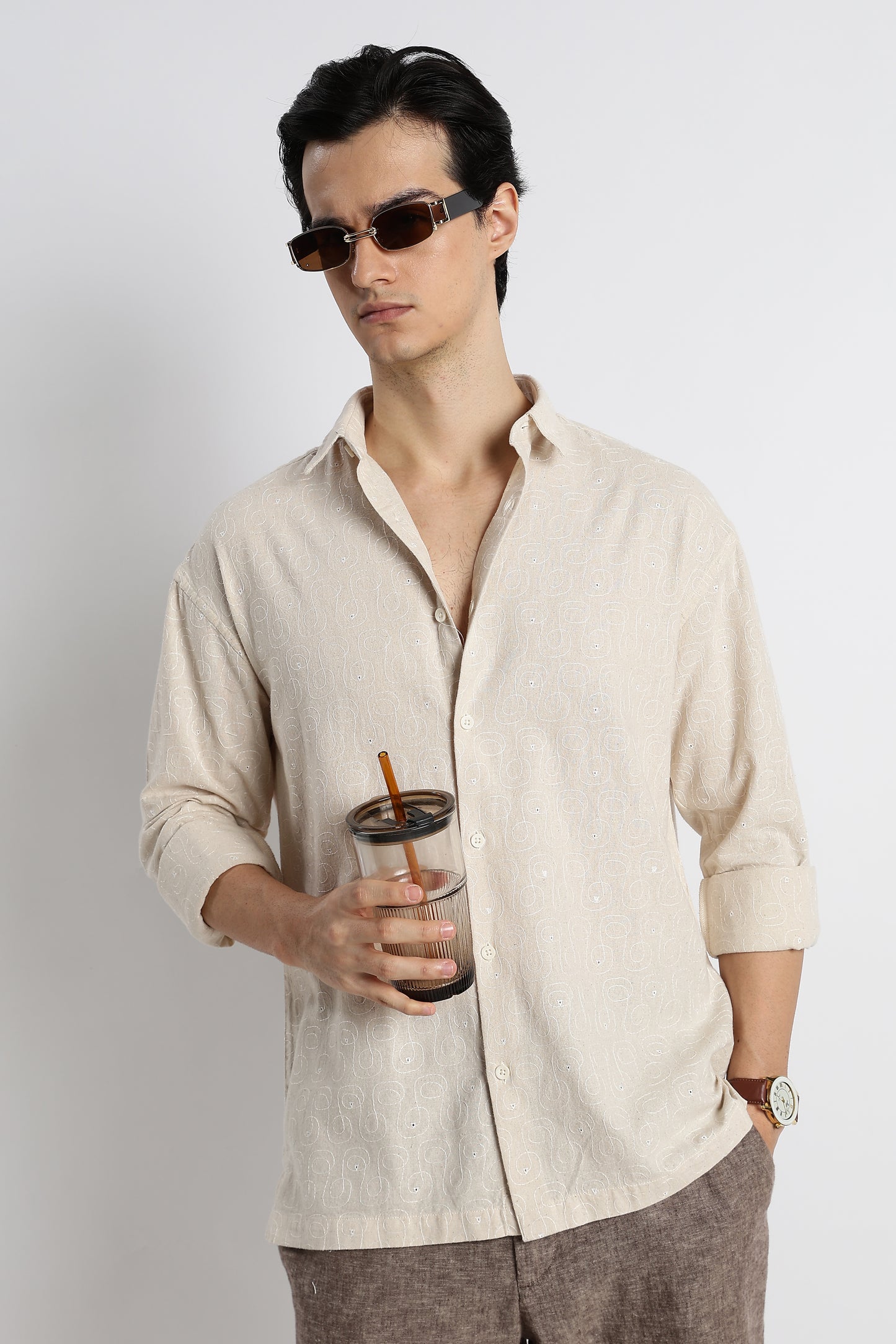 Natural Embroidered Cotton Shirt Cream