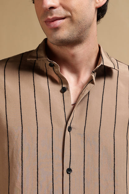 Nylon Slim Fit Striped Shirt Khaki