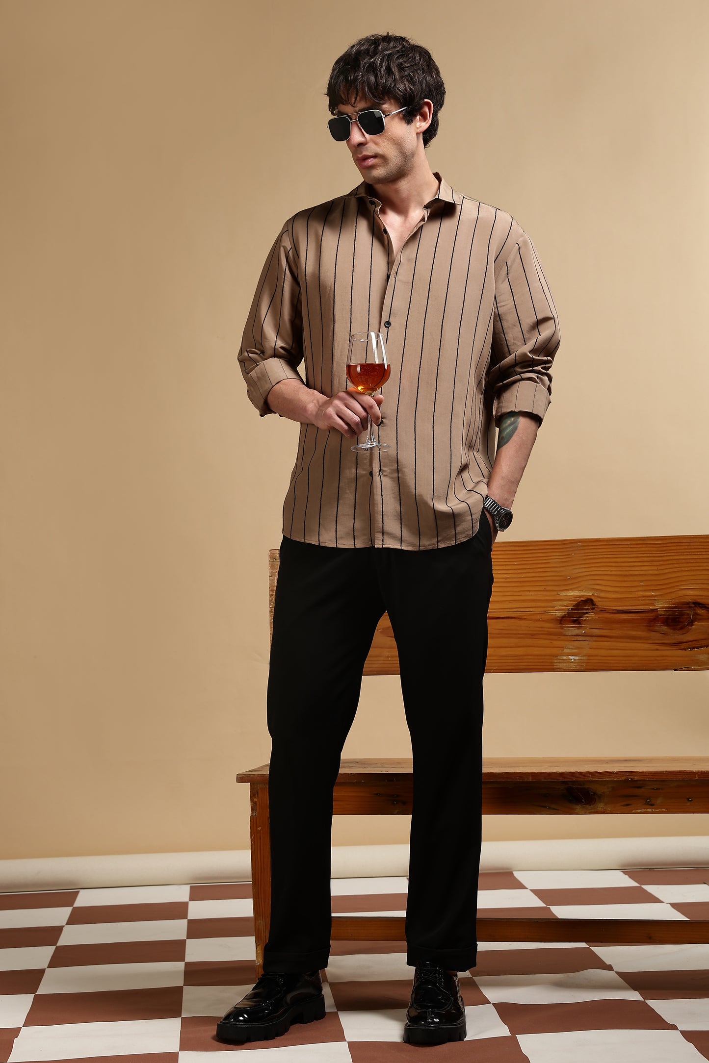 Nylon Slim Fit Striped Shirt Khaki