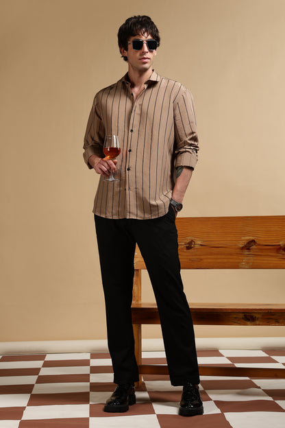 Nylon Slim Fit Striped Shirt Khaki