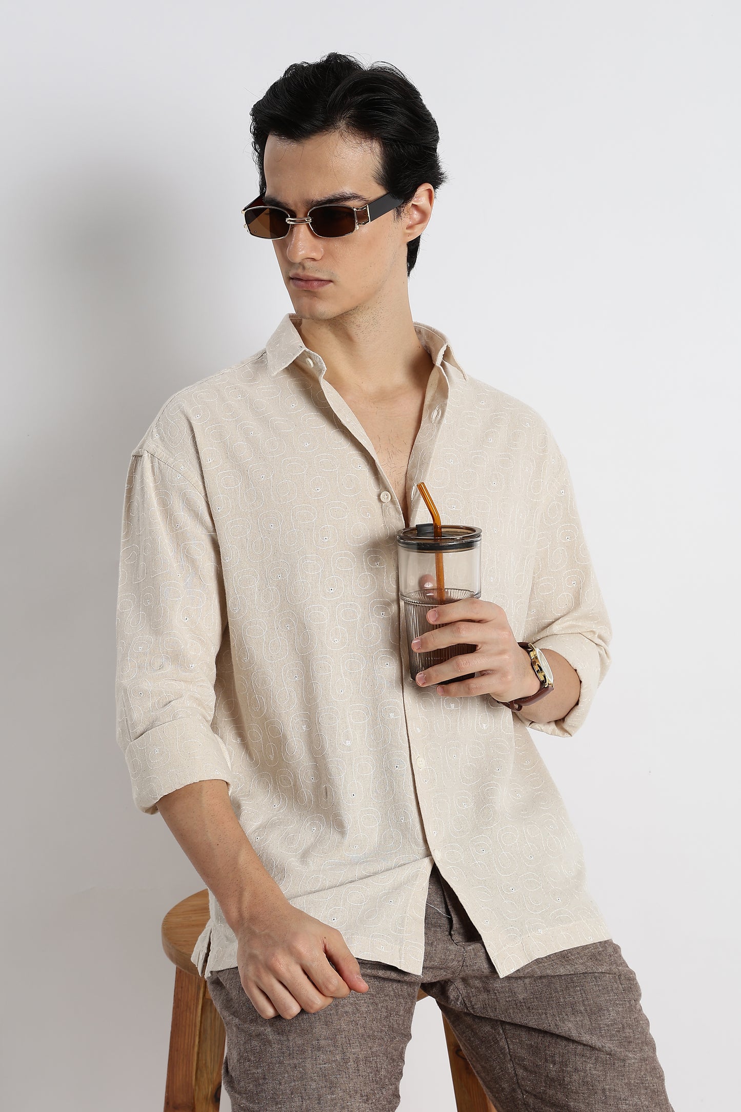 Natural Embroidered Cotton Shirt Cream