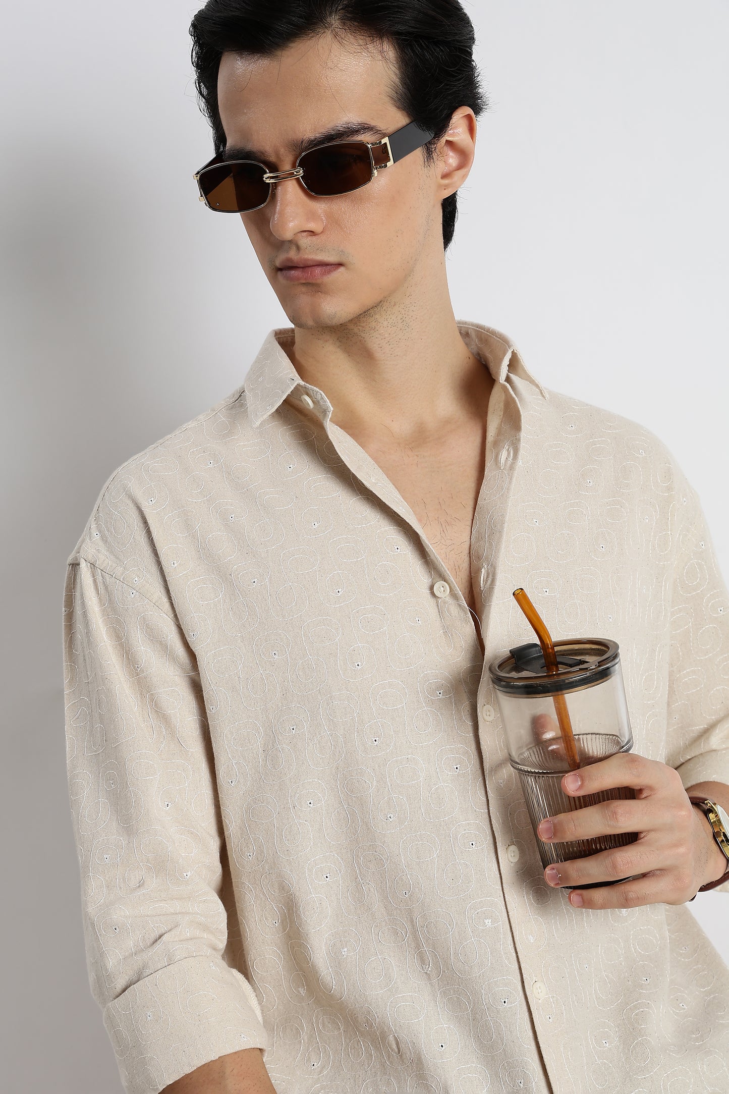 Natural Embroidered Cotton Shirt Cream