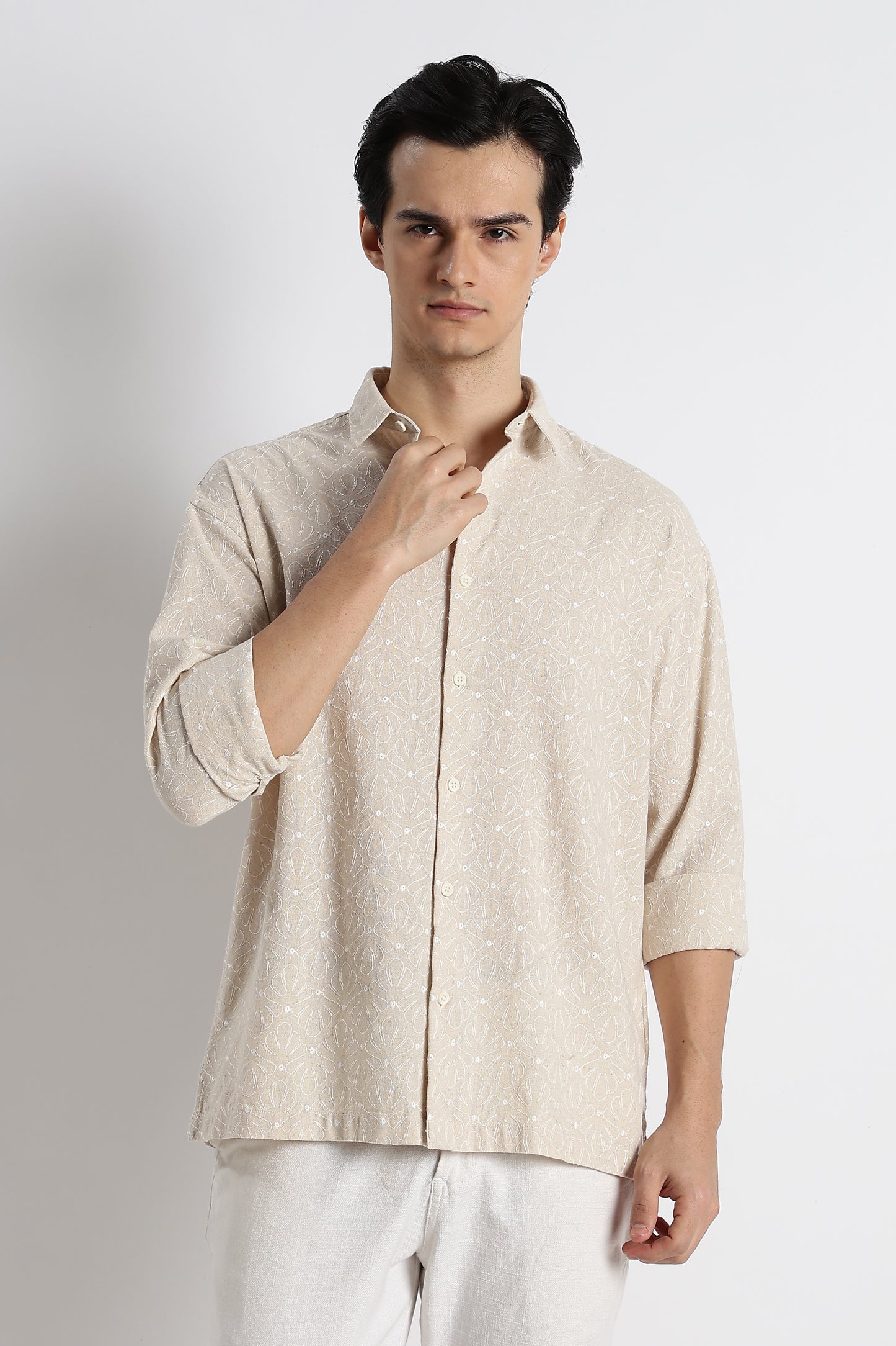 Natural Embroidered Cotton Shirt Cream