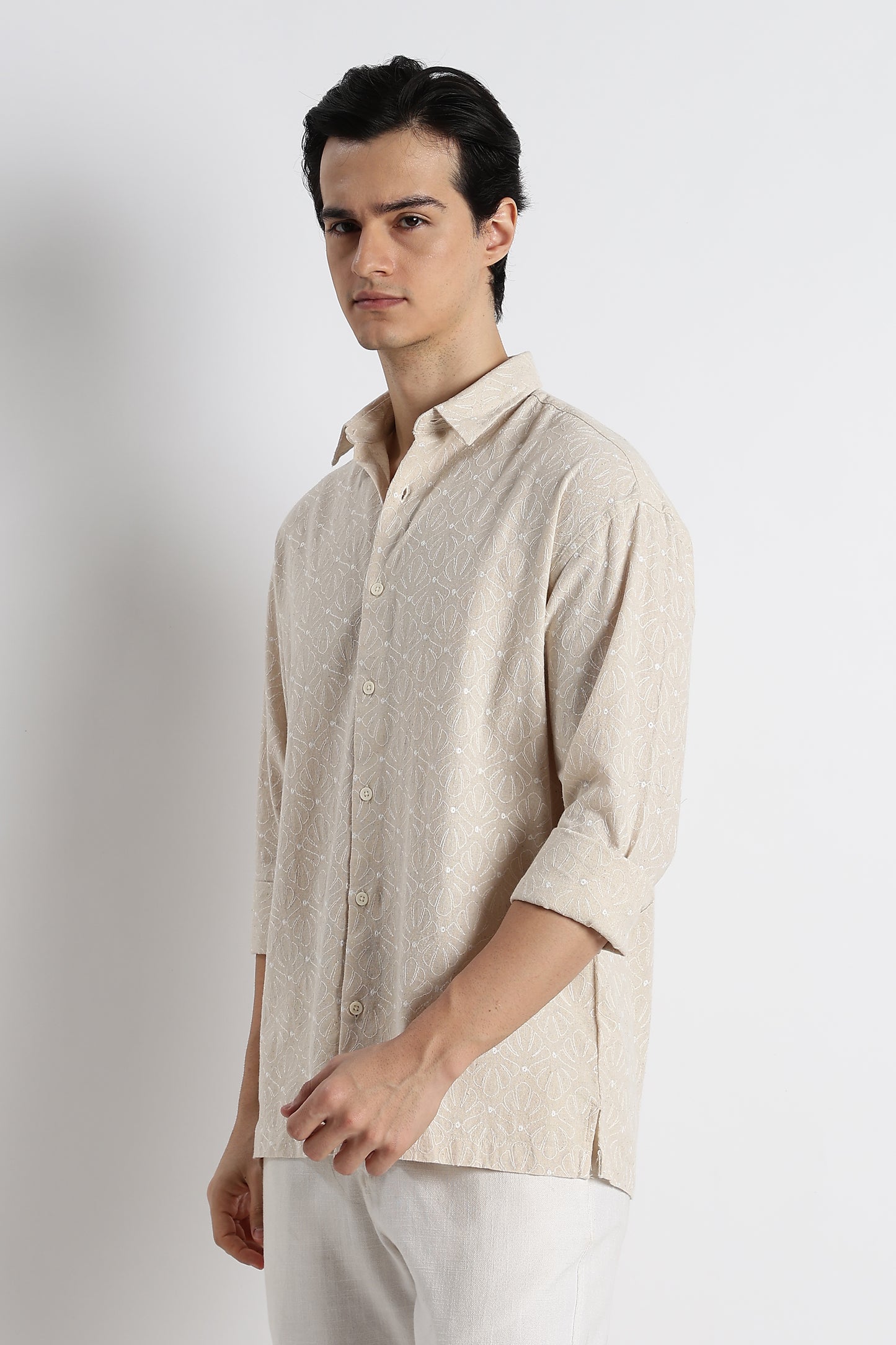 Natural Embroidered Cotton Shirt Cream