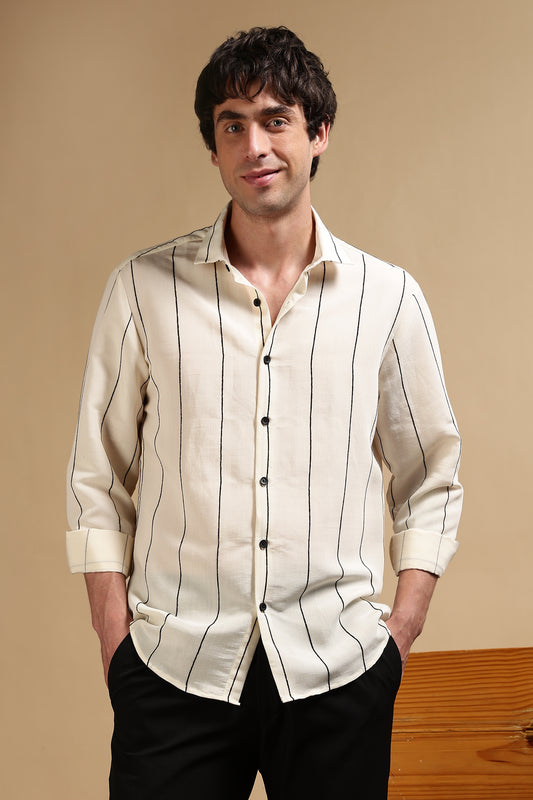 Nylon Slim Fit Striped Shirt Cream