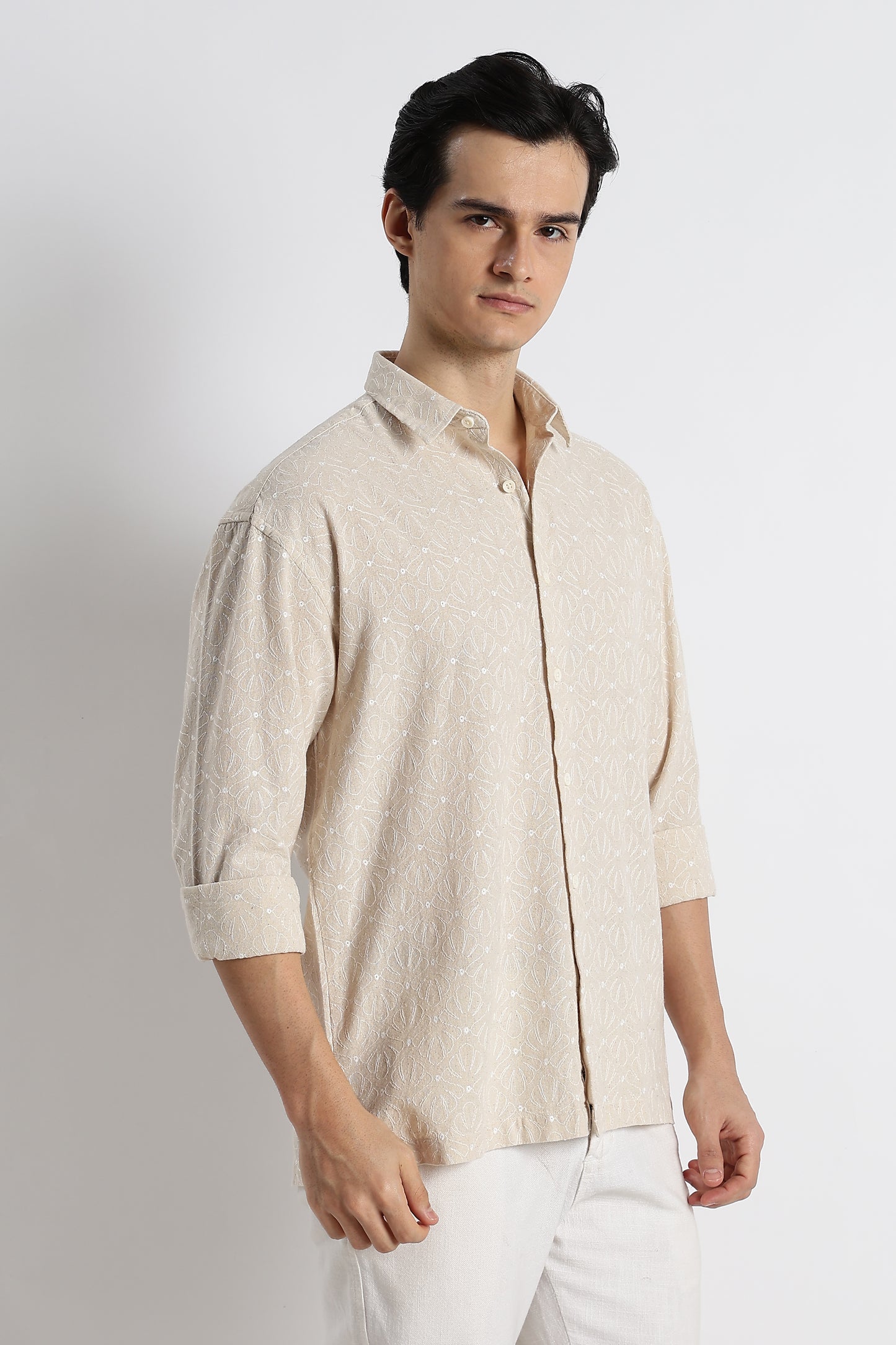 Natural Embroidered Cotton Shirt Cream