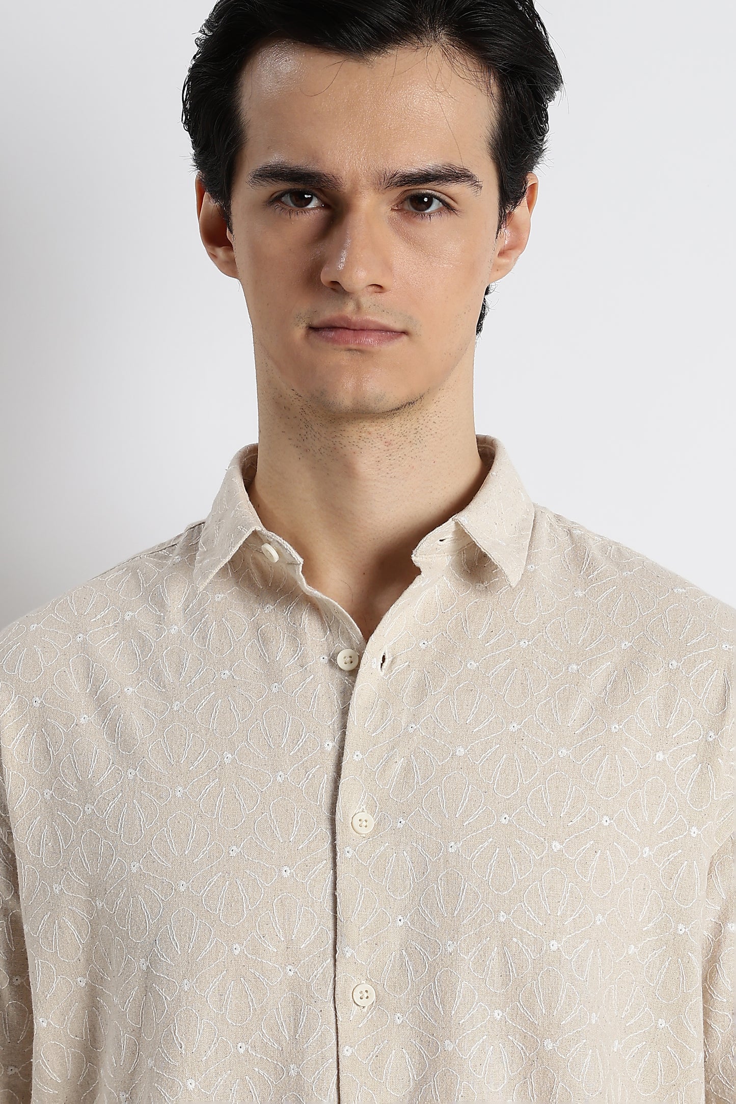 Natural Embroidered Cotton Shirt Cream