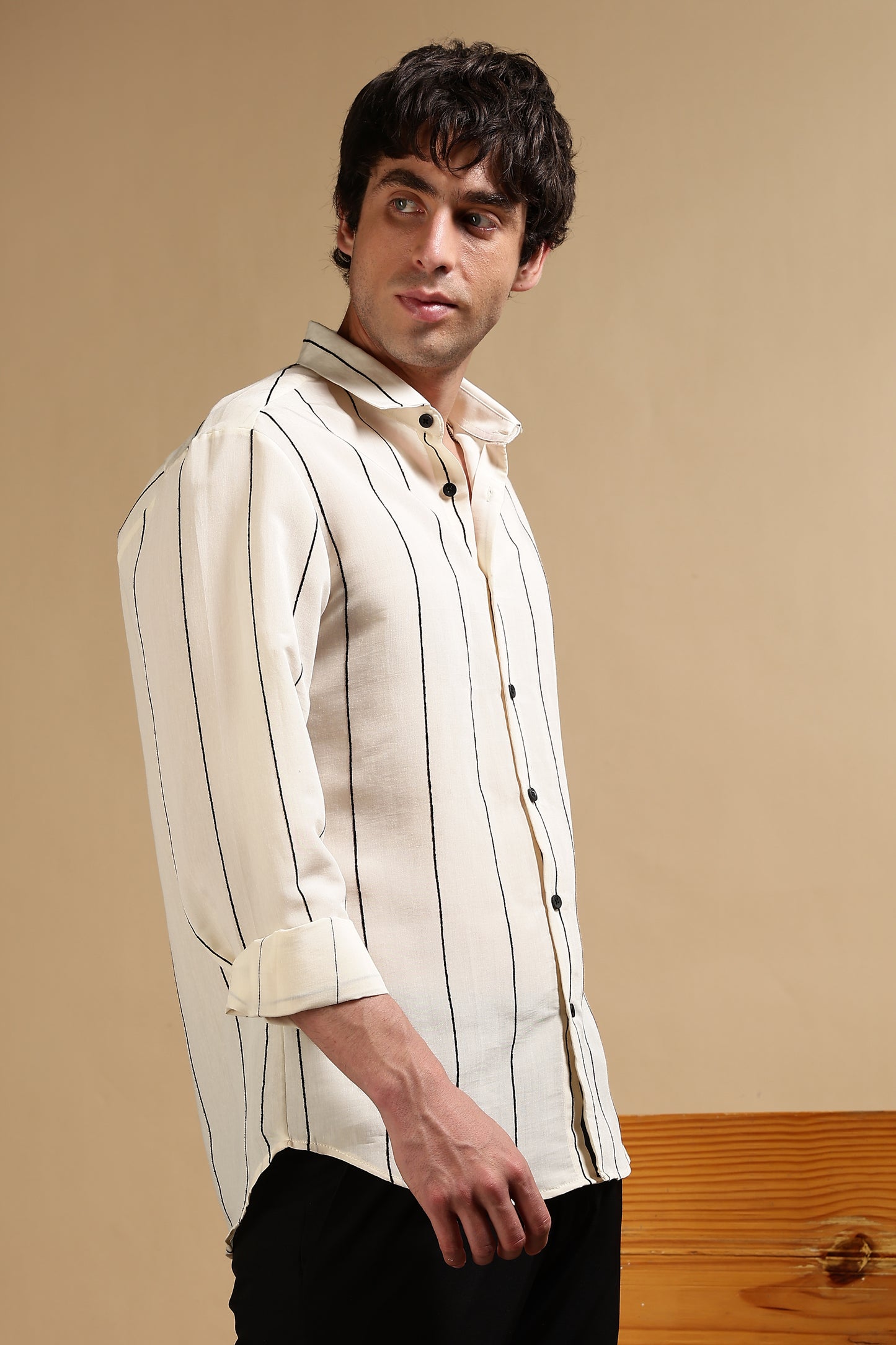 Nylon Slim Fit Striped Shirt Cream