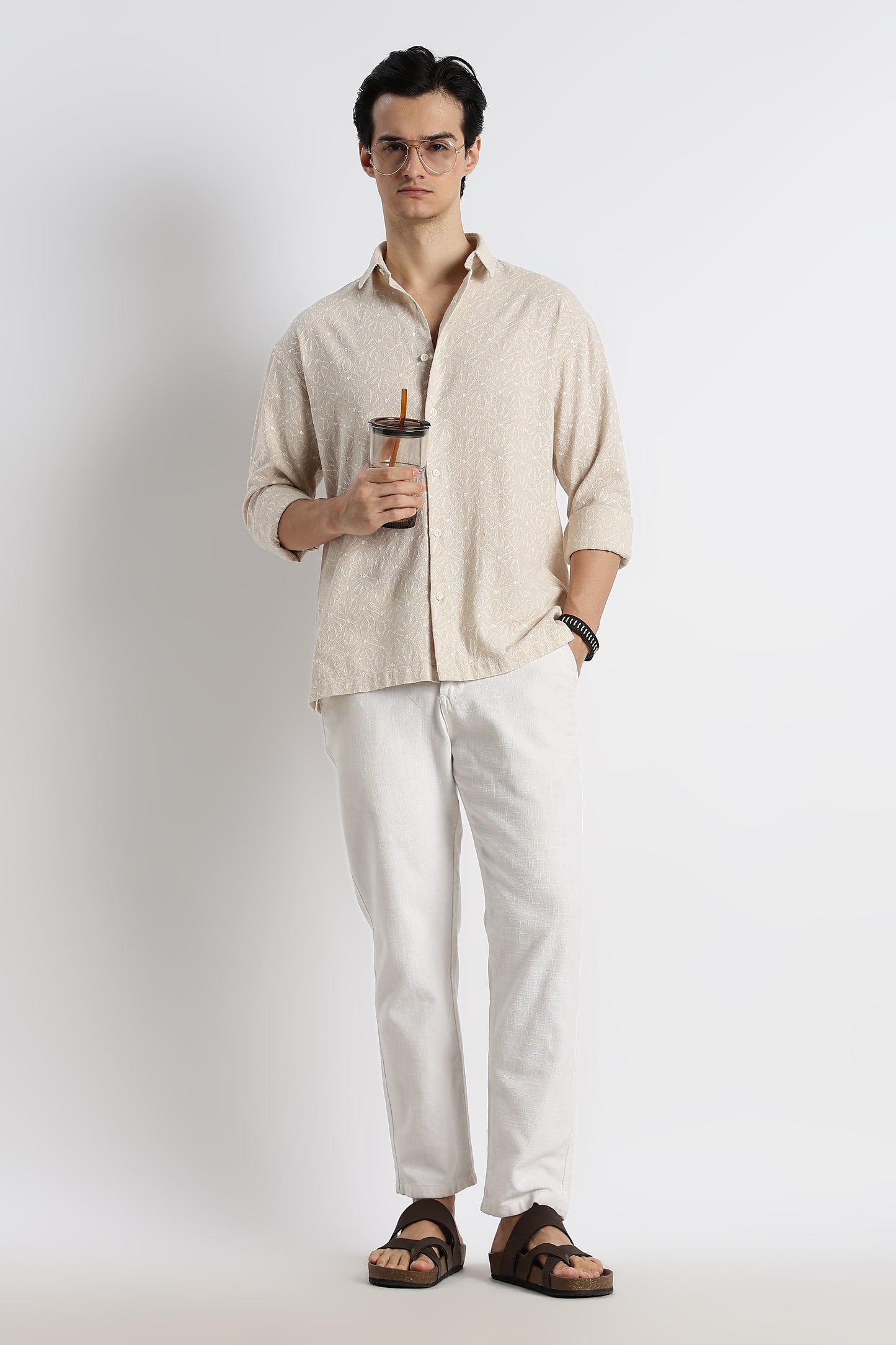 Natural Embroidered Cotton Shirt Cream