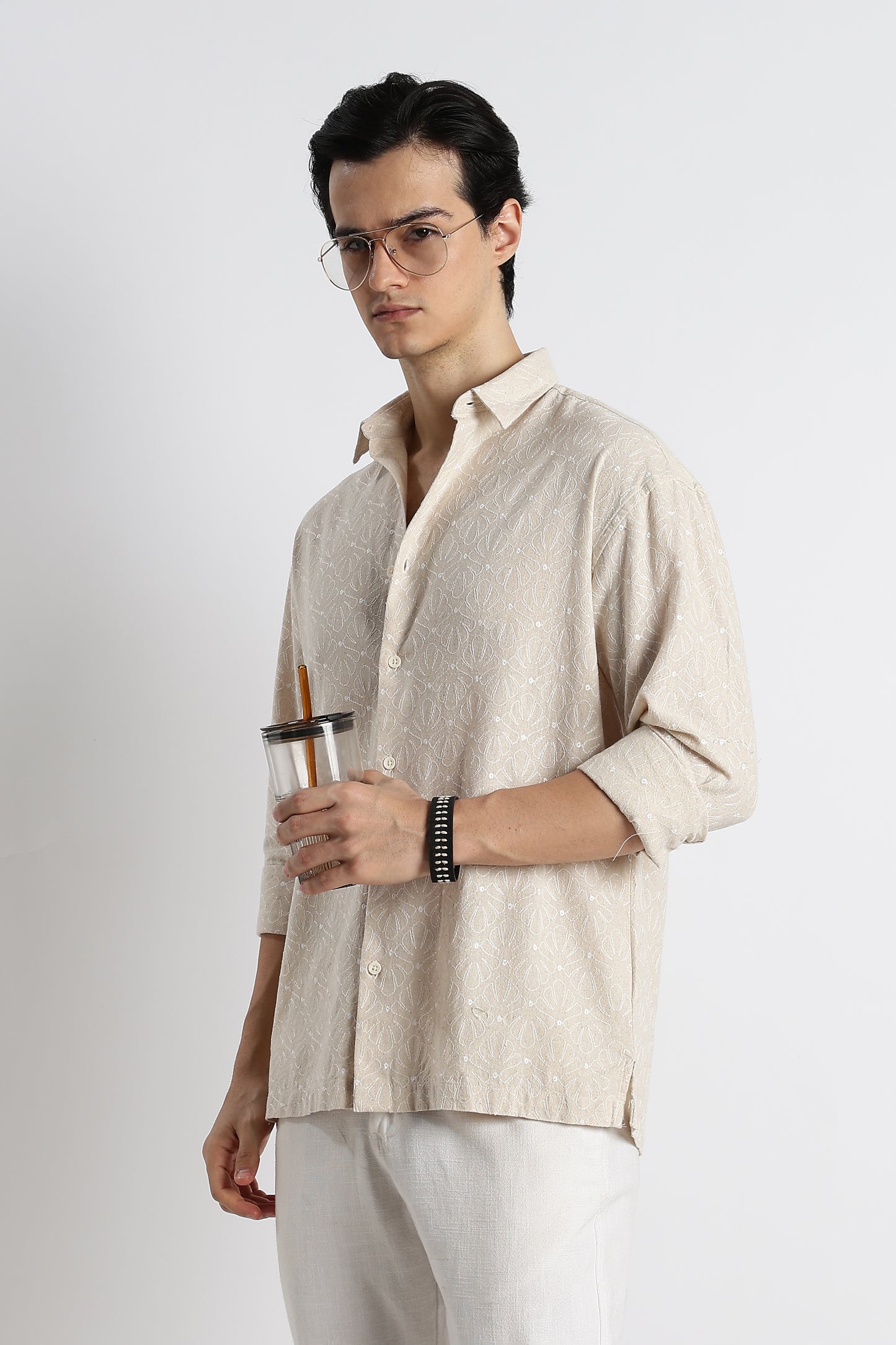 Natural Embroidered Cotton Shirt Cream