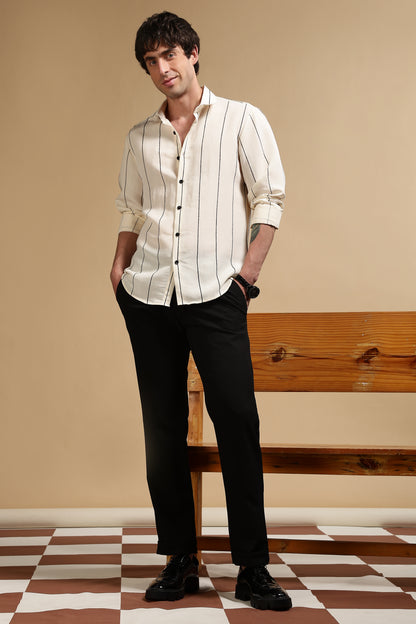 Nylon Slim Fit Striped Shirt Cream