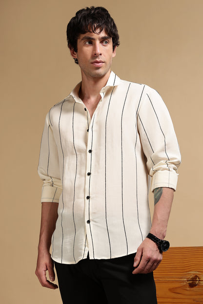 Nylon Slim Fit Striped Shirt Cream