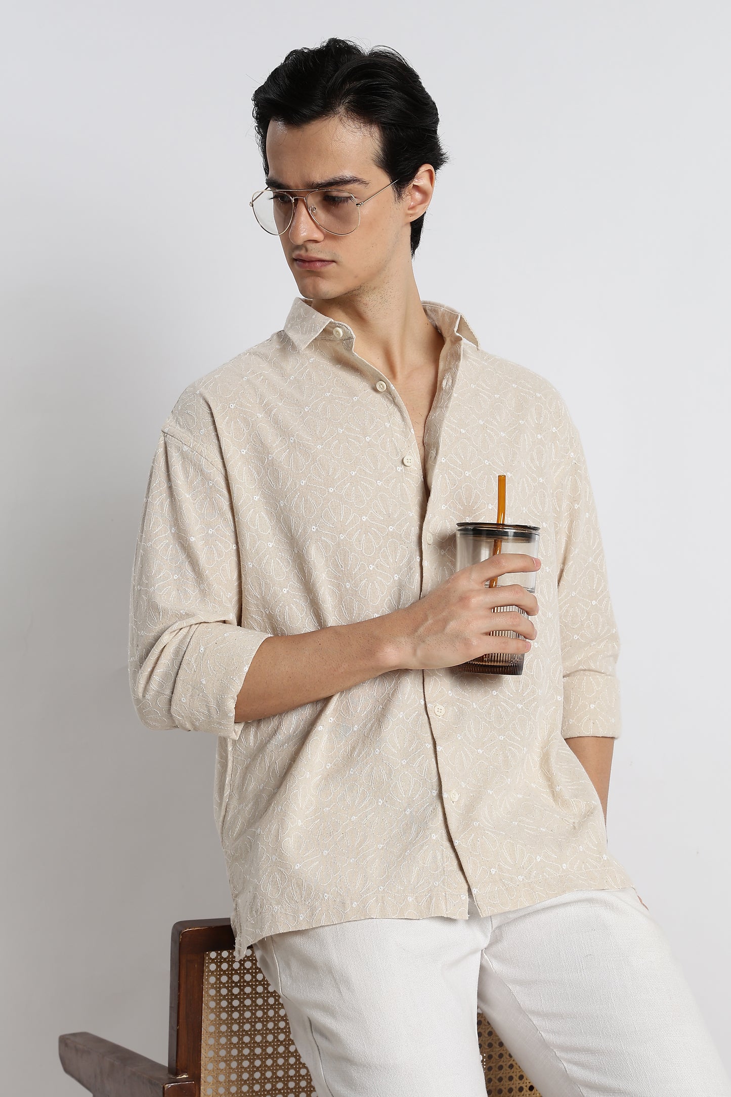Natural Embroidered Cotton Shirt Cream
