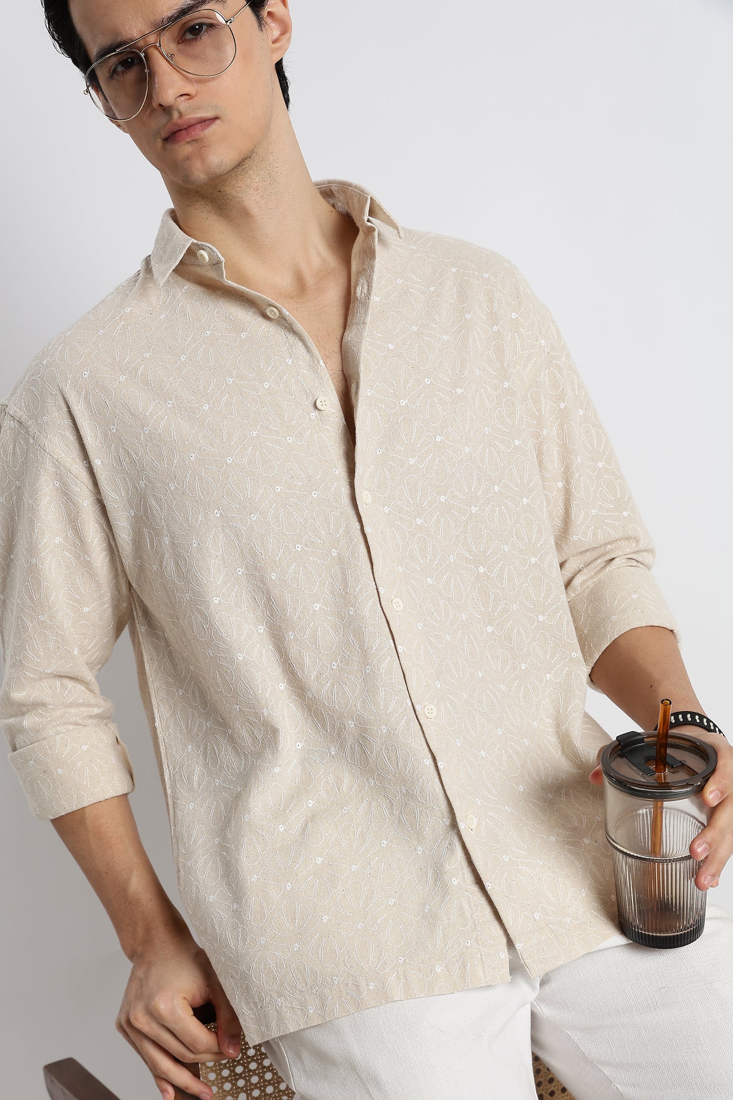 Natural Embroidered Cotton Shirt Cream