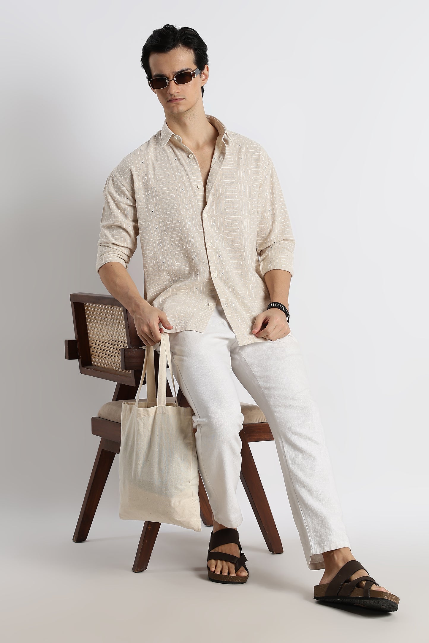 Natural Embroidered Cotton Shirt Cream