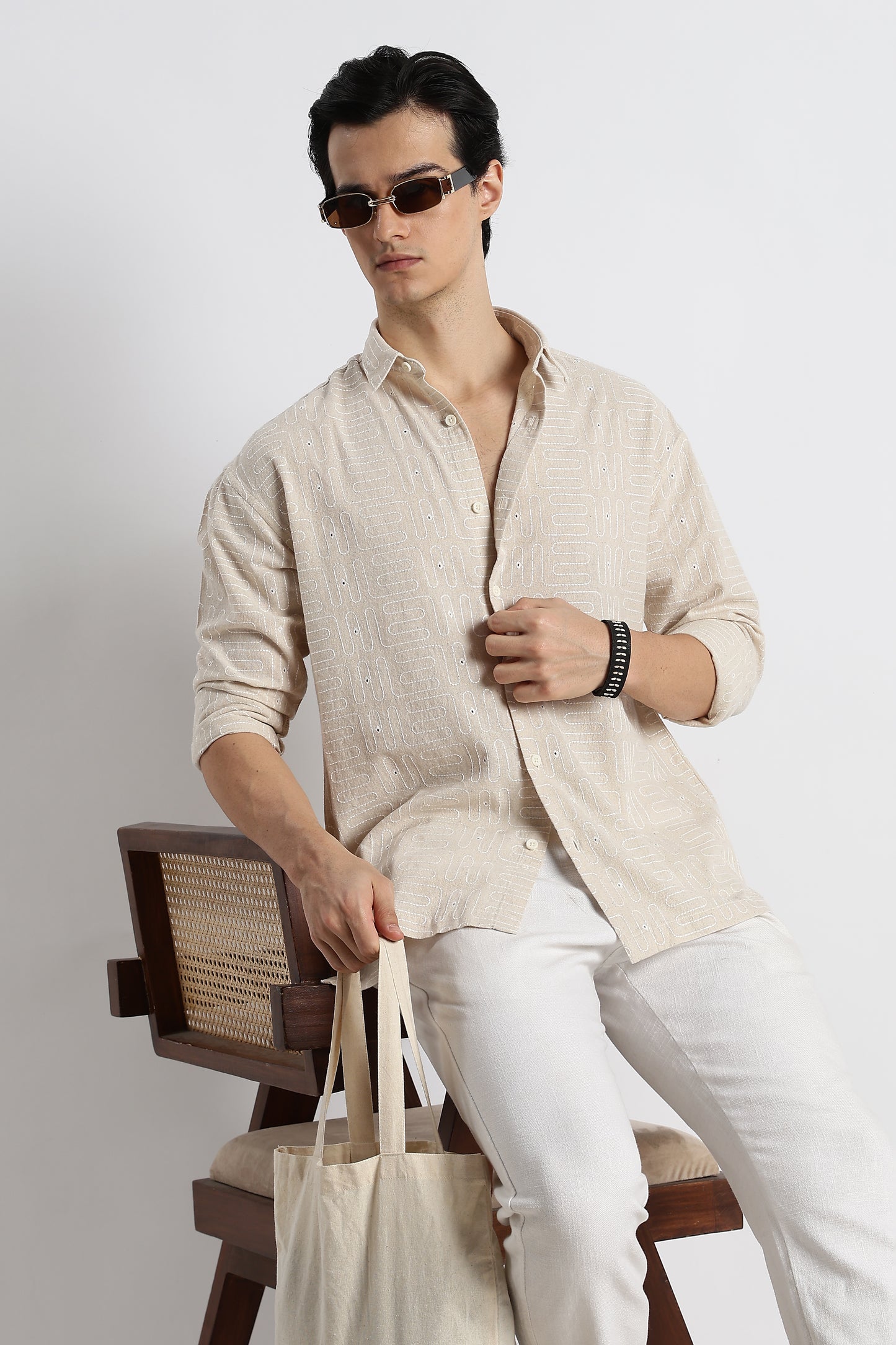 Natural Embroidered Cotton Shirt Cream