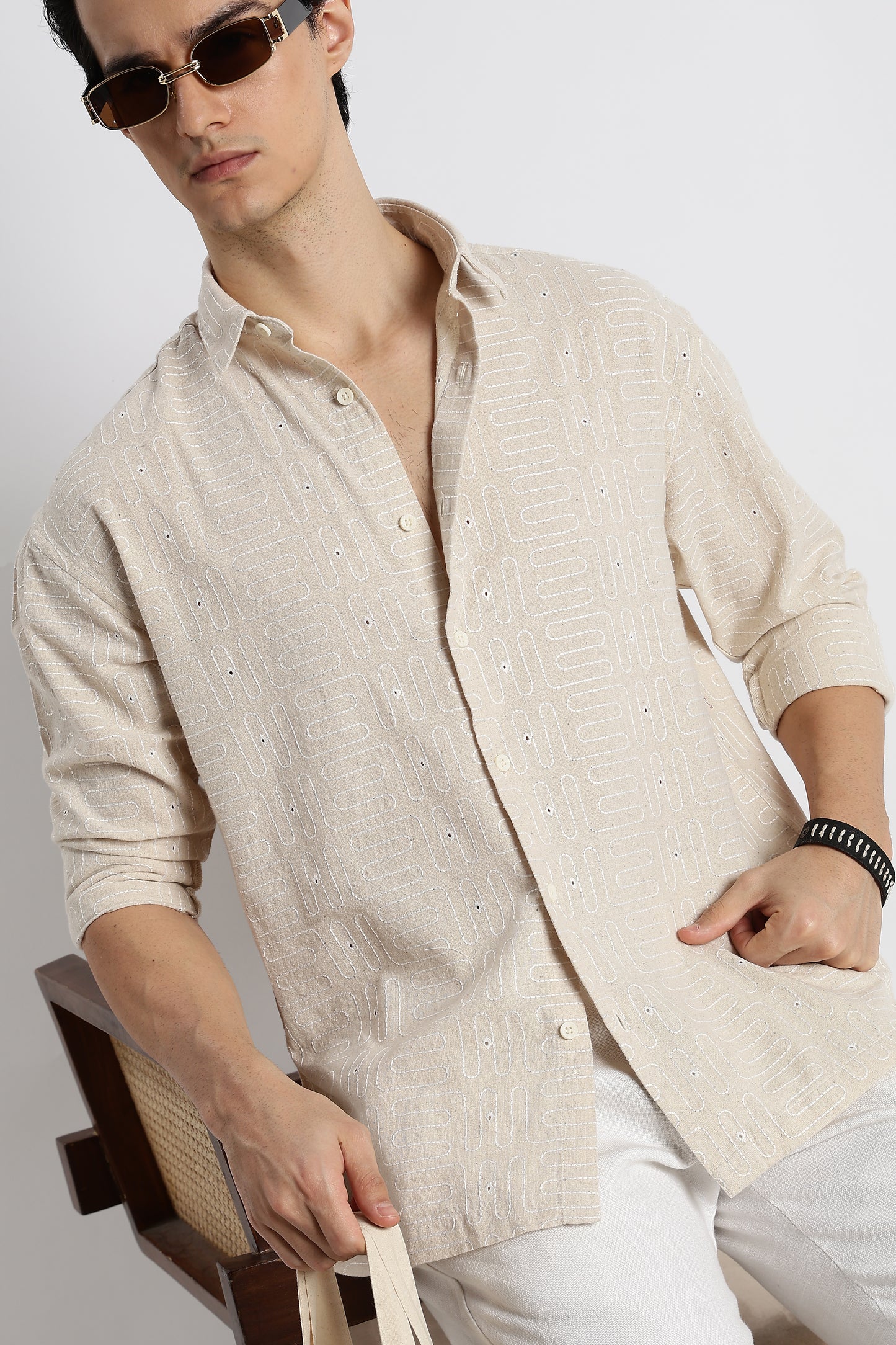 Natural Embroidered Cotton Shirt Cream