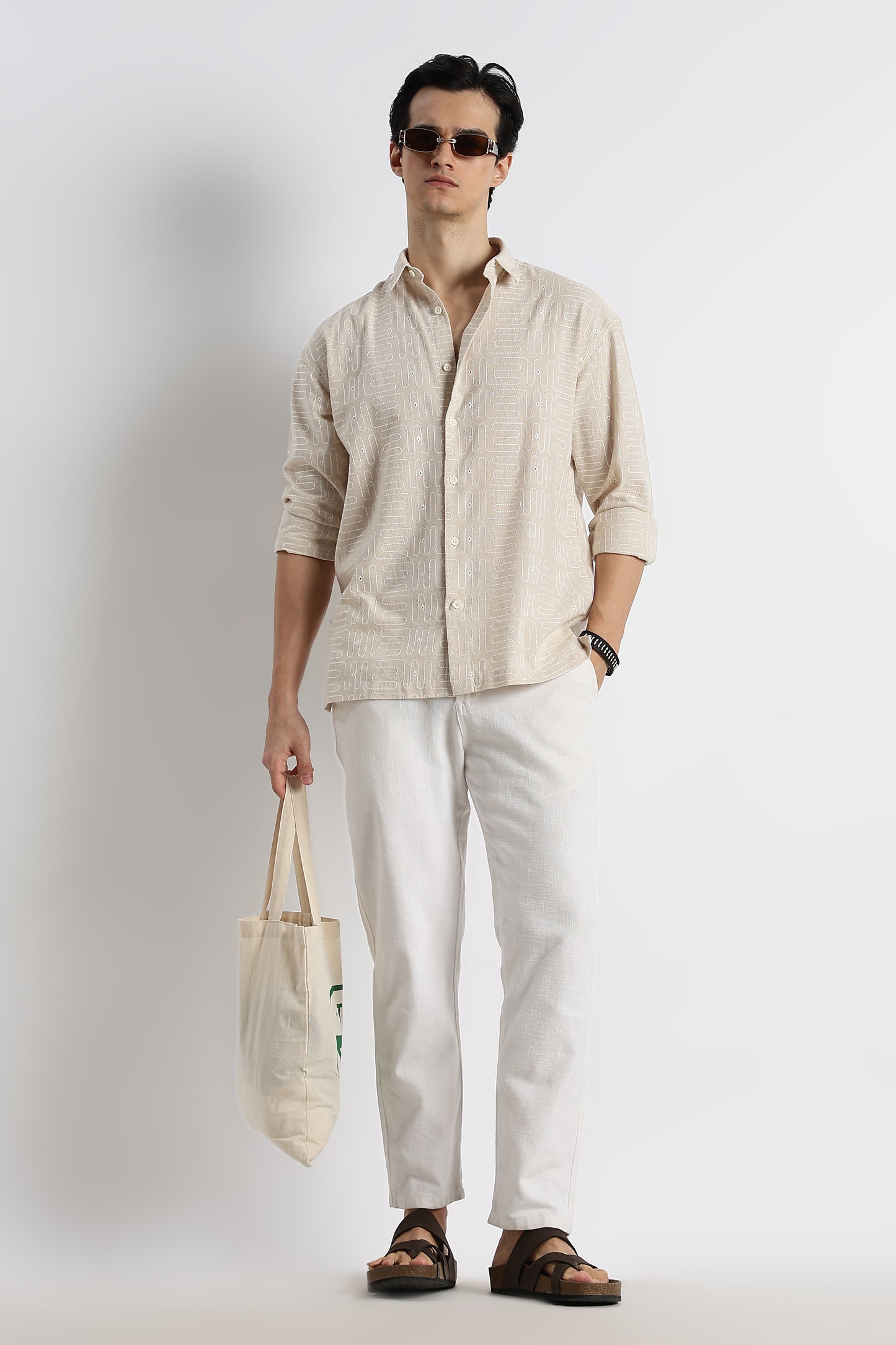 Natural Embroidered Cotton Shirt Cream
