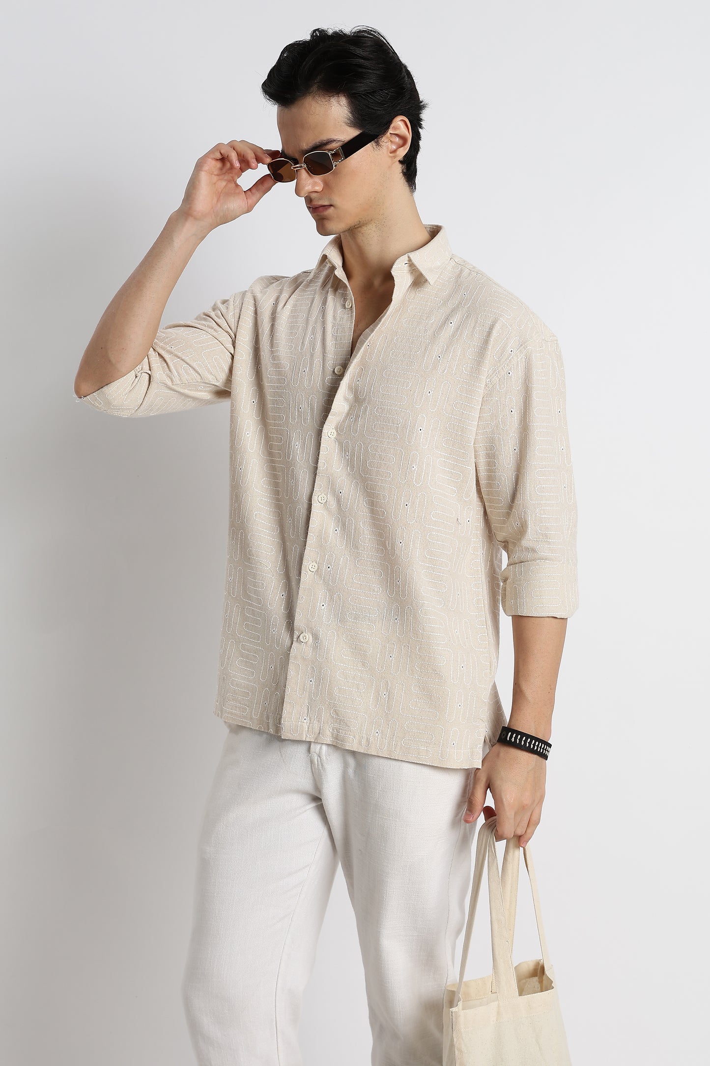 Natural Embroidered Cotton Shirt Cream