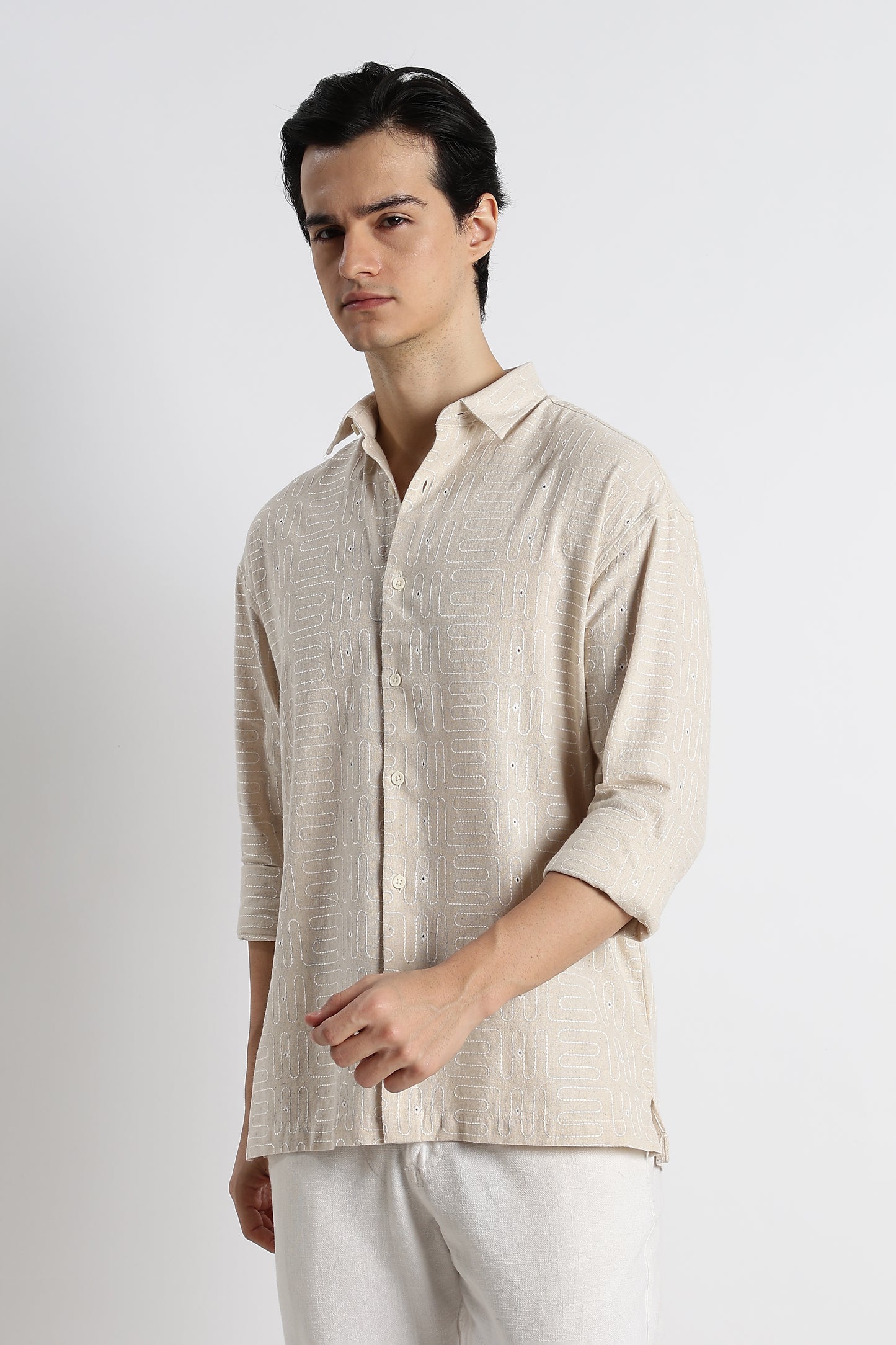 Natural Embroidered Cotton Shirt Cream