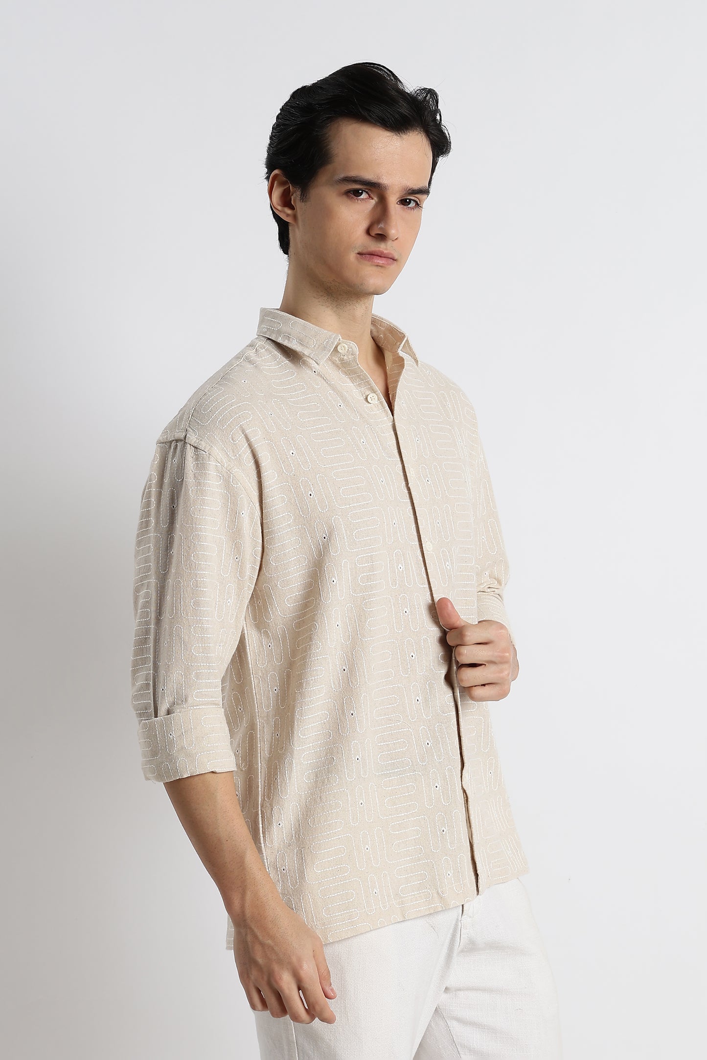 Natural Embroidered Cotton Shirt Cream