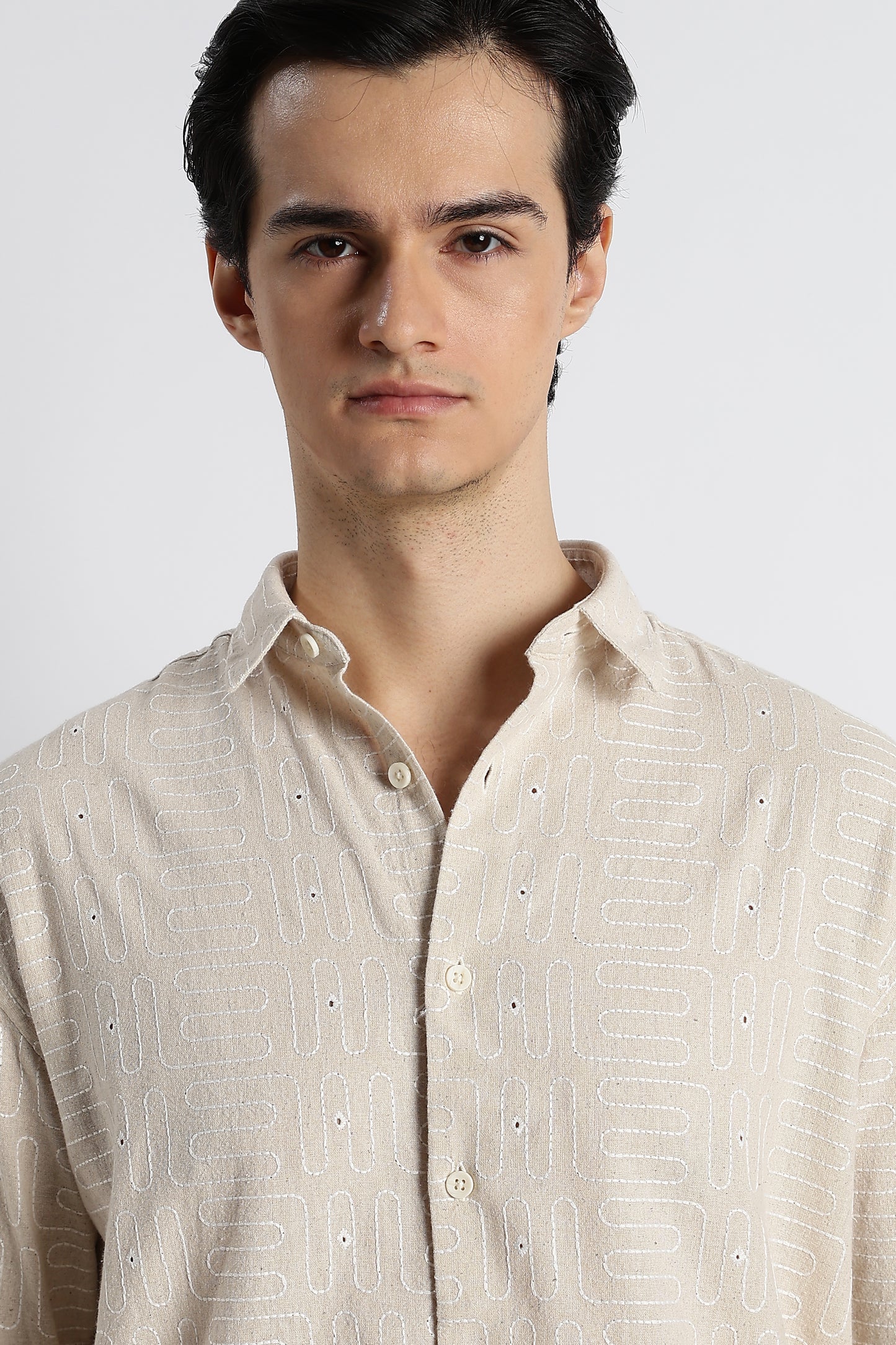Natural Embroidered Cotton Shirt Cream