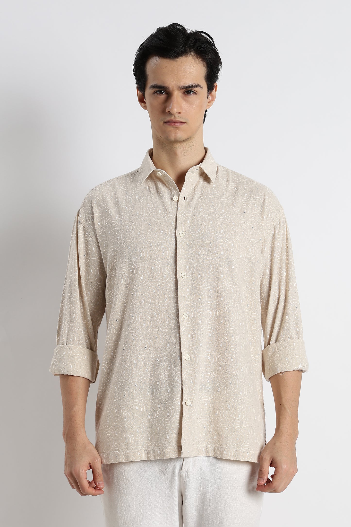 Natural Embroidered Cotton Shirt Cream