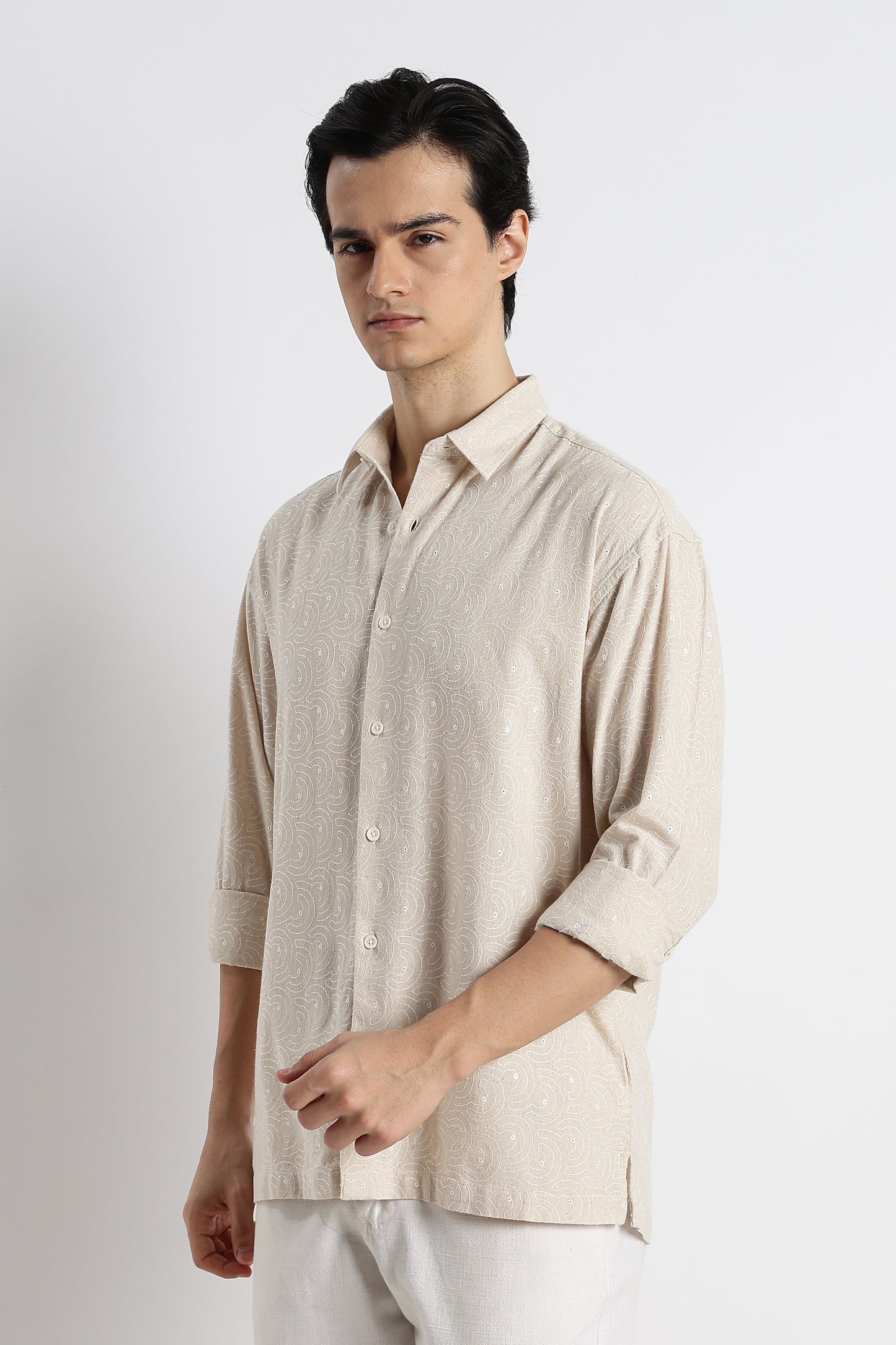Natural Embroidered Cotton Shirt Cream