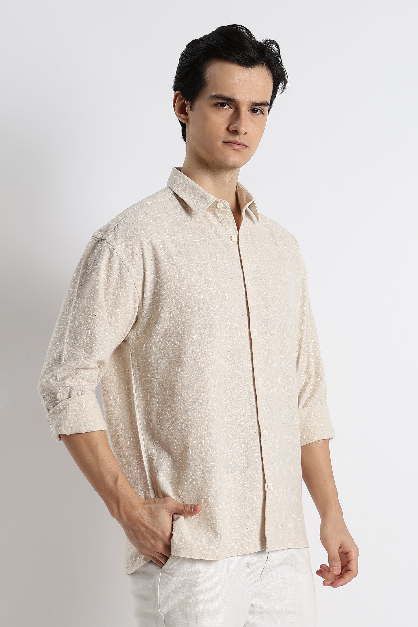 Natural Embroidered Cotton Shirt Cream