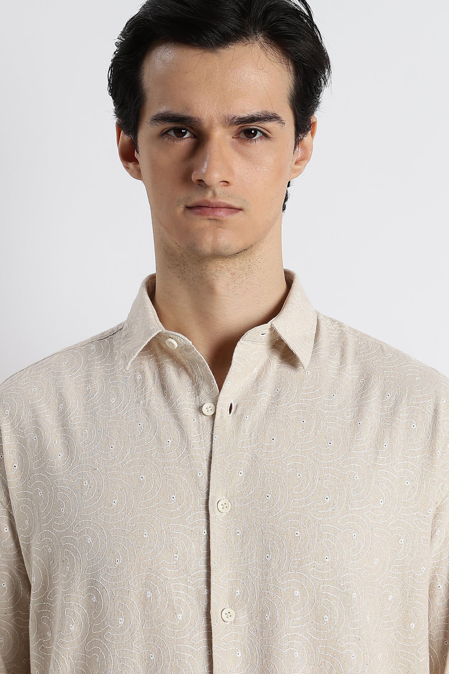 Natural Embroidered Cotton Shirt Cream