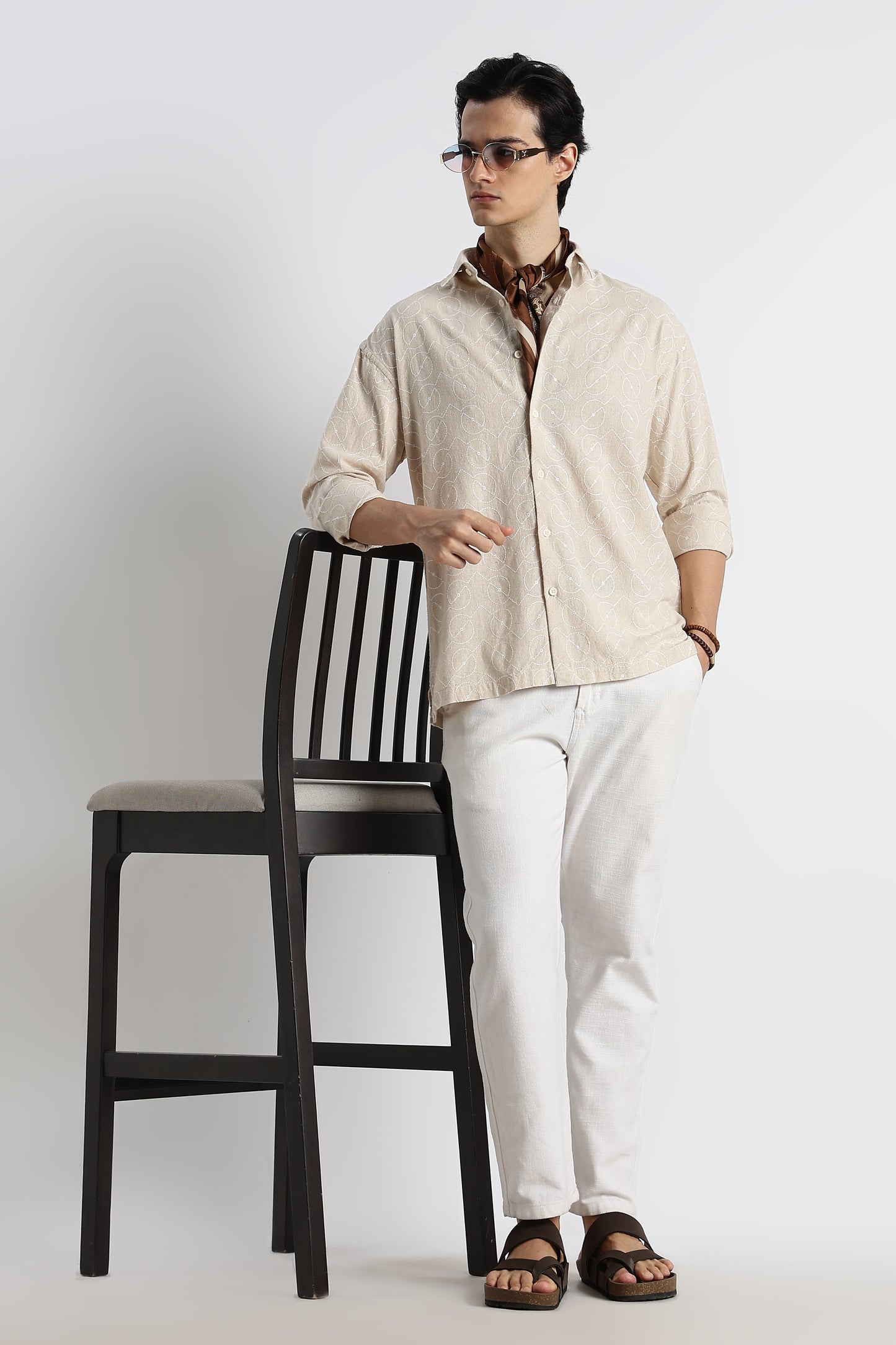 Natural Embroidered Cotton Shirt Cream