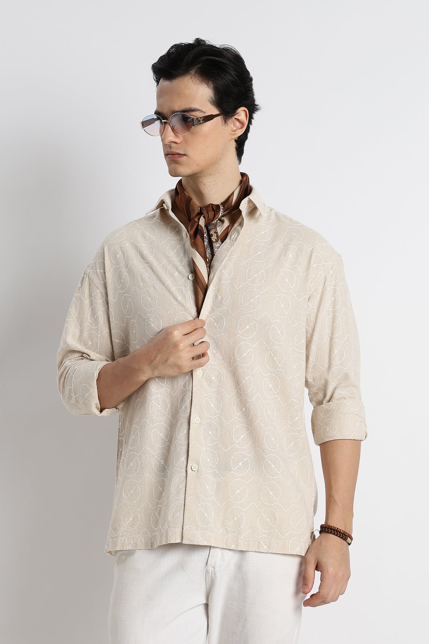 Natural Embroidered Cotton Shirt Cream